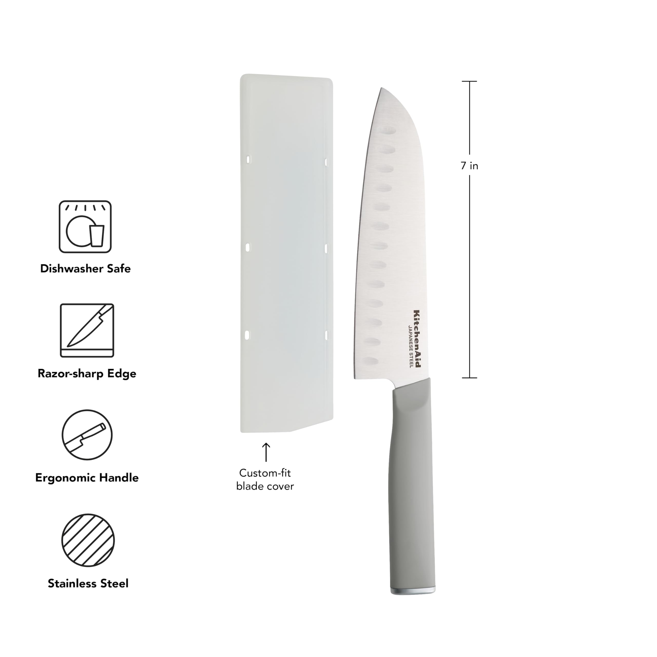 KitchenAid Classic Santoku Custom-Fit Cover, Sharp Kitchen Knife, High-Carbon Japanese Stainless Steel Blade, 7 Inch, Gray