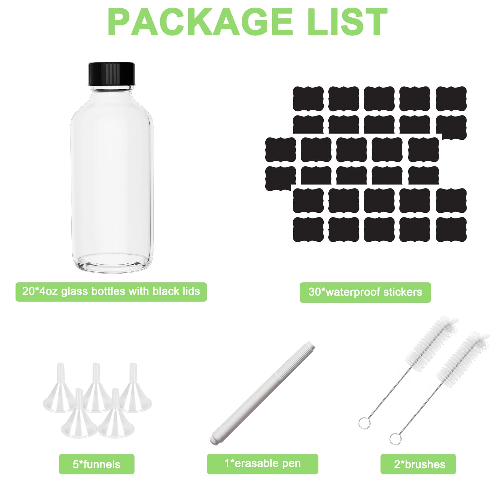 20 Pack 4 oz Small Clear Glass Bottles with Lids, 120ml Short Glass Jars, Empty Reusable Juice Bottles with Funnels, Stickers and Brush, Mini Liquor Bottles for Water, Ginger, Whiskey