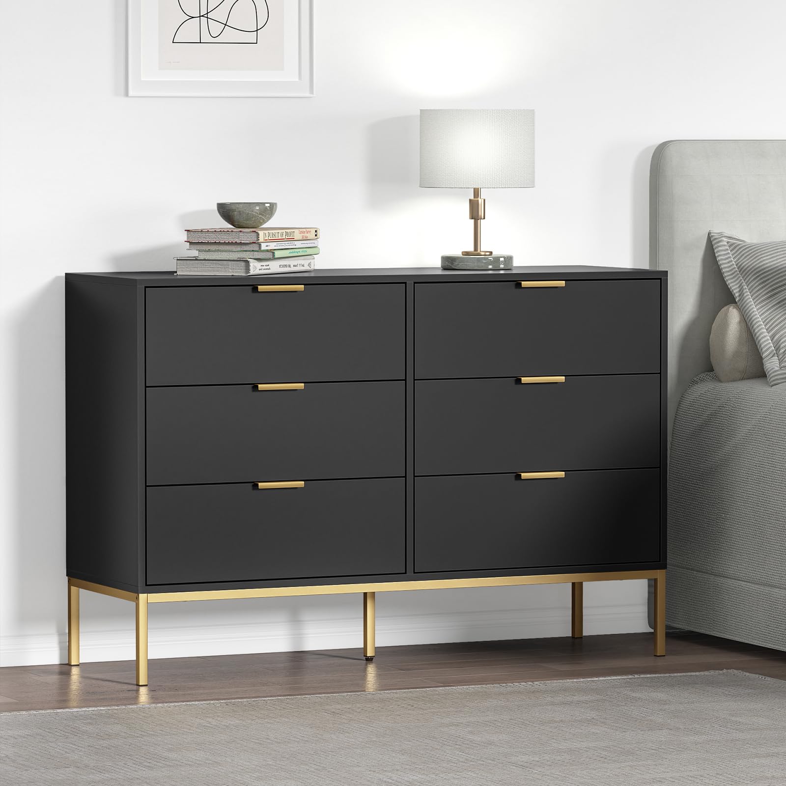 Anmytek Modern 6 Drawer Dresser, Black Dressers for Bedroom, Chest of Drawers Closet Organizers and Wood Storage Clothes, Black Dresser with Golden Handles for Living Room, Hallway