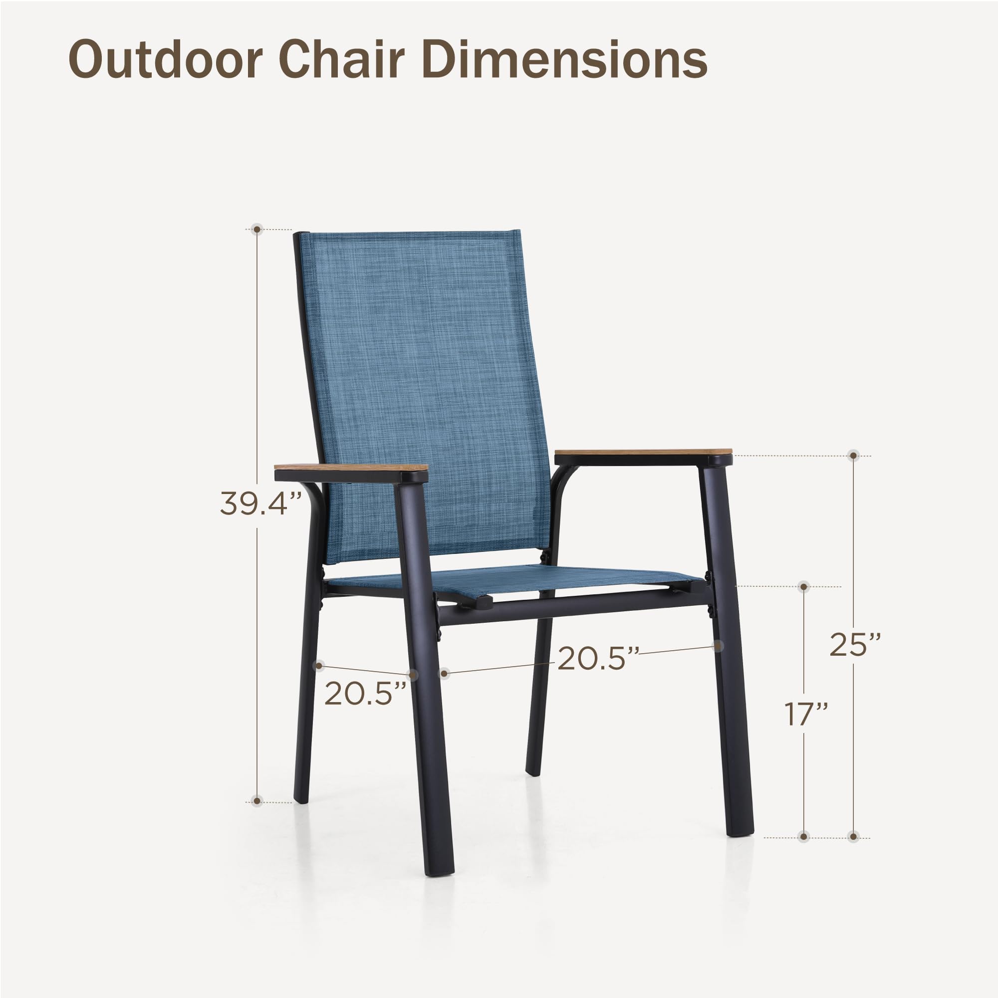 PHI VILLA Outdoor Stackable Dining Chairs Set of 2（Blue,Lightweight Aluminum Frame with Textilene Fabric & Wider Armrest,Easy to Store,Patio Chairs for Garden,Lawn