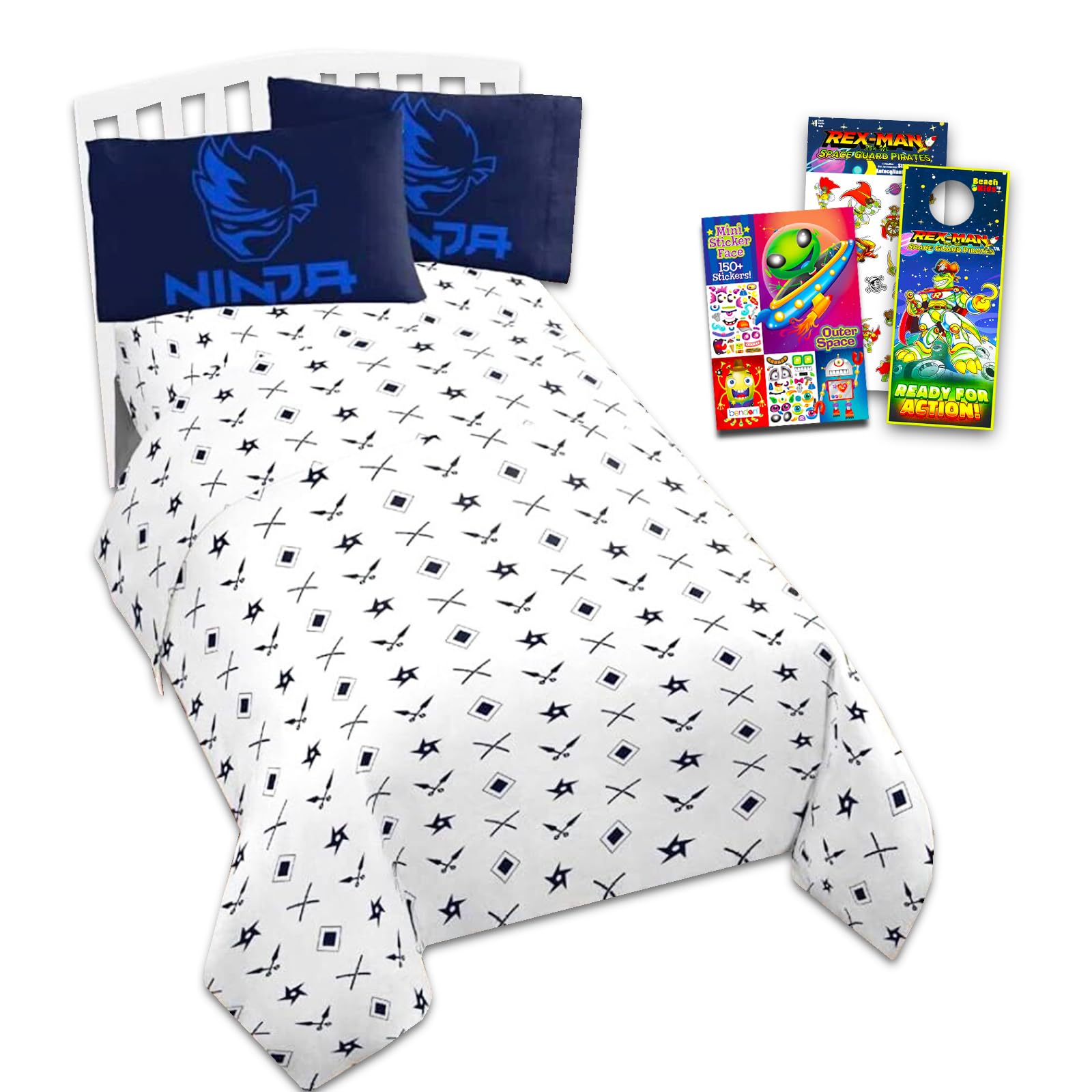 Ninja Twin Bedding Set - Bundle Includes 1 Ninja Flat Sheet, 1 Ninja Fitted Sheet, 1 Ninja Pillowcase, More | Video Game Bedding Set for Kids