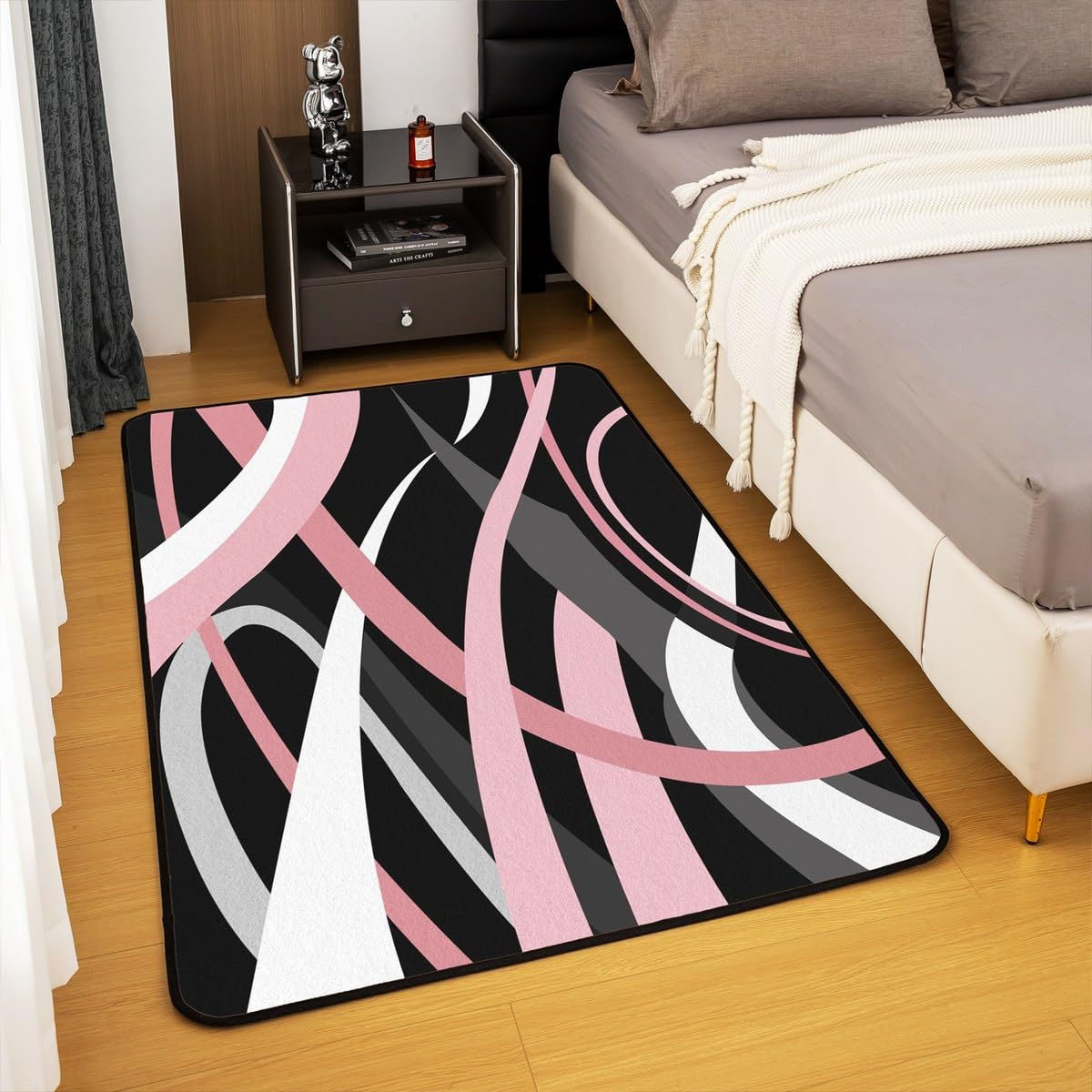 Feelyou Pink Black Grey White Living Room Rugs for Girls Kids Area Rug 3x5 Stripes Accent Rugative Geometric Indoor Floor Mat Modern Striped Art Decorative Rug