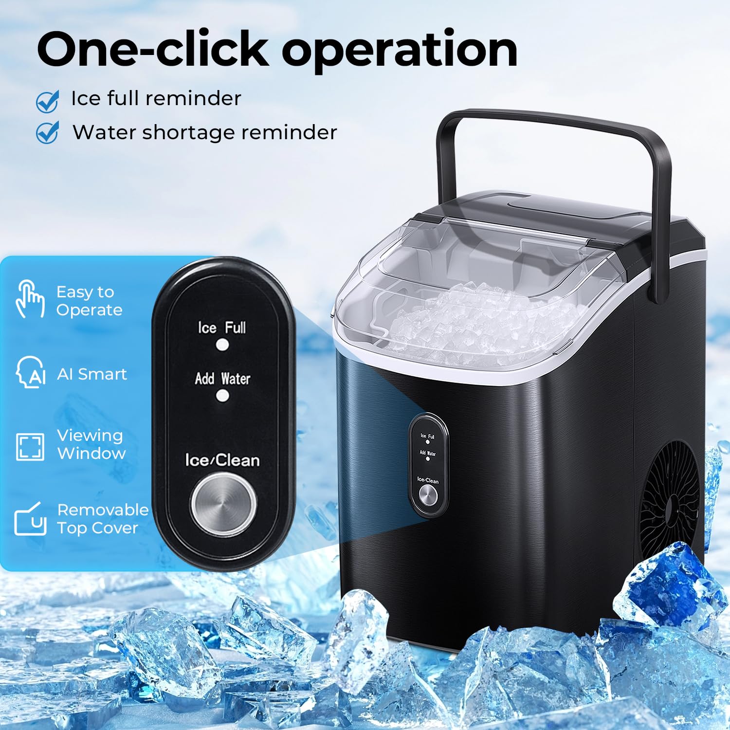 R.W.FLAME Nugget Ice Maker Countertop with Soft Chewable Pellet Ice,Pebble Portable Ice Machine with Ice Scoop, 34lbs/24 Hours, Self-Cleaning, Sonic Ice, One-Click Operation, for Kitchen,Office