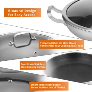 Yeksum Tri-Ply 14.5 Inch Stainless Steel Paella Pan,12 Servings Paella Pan with Lid,18/10 Nonstick Large Skillet,Jumbo Cooker,Induction Pan,Skillets,for Outdoors,Camping,Parties