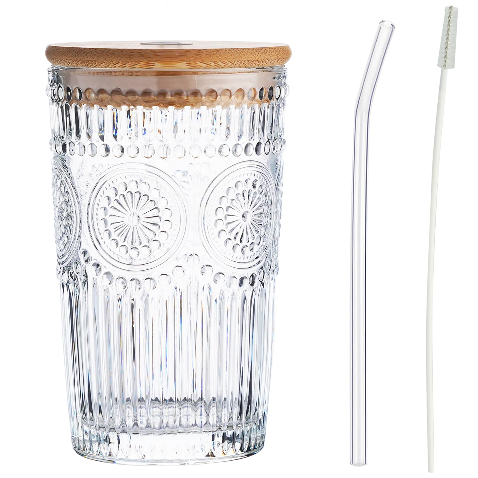 Baalaka Glass Cups with Lids and Straws, Glass Tumbler, 12 OZ Iced Coffee Cups, Drinking Glasses for Cocktails, Tea Cups with 1 Cleaning Brush