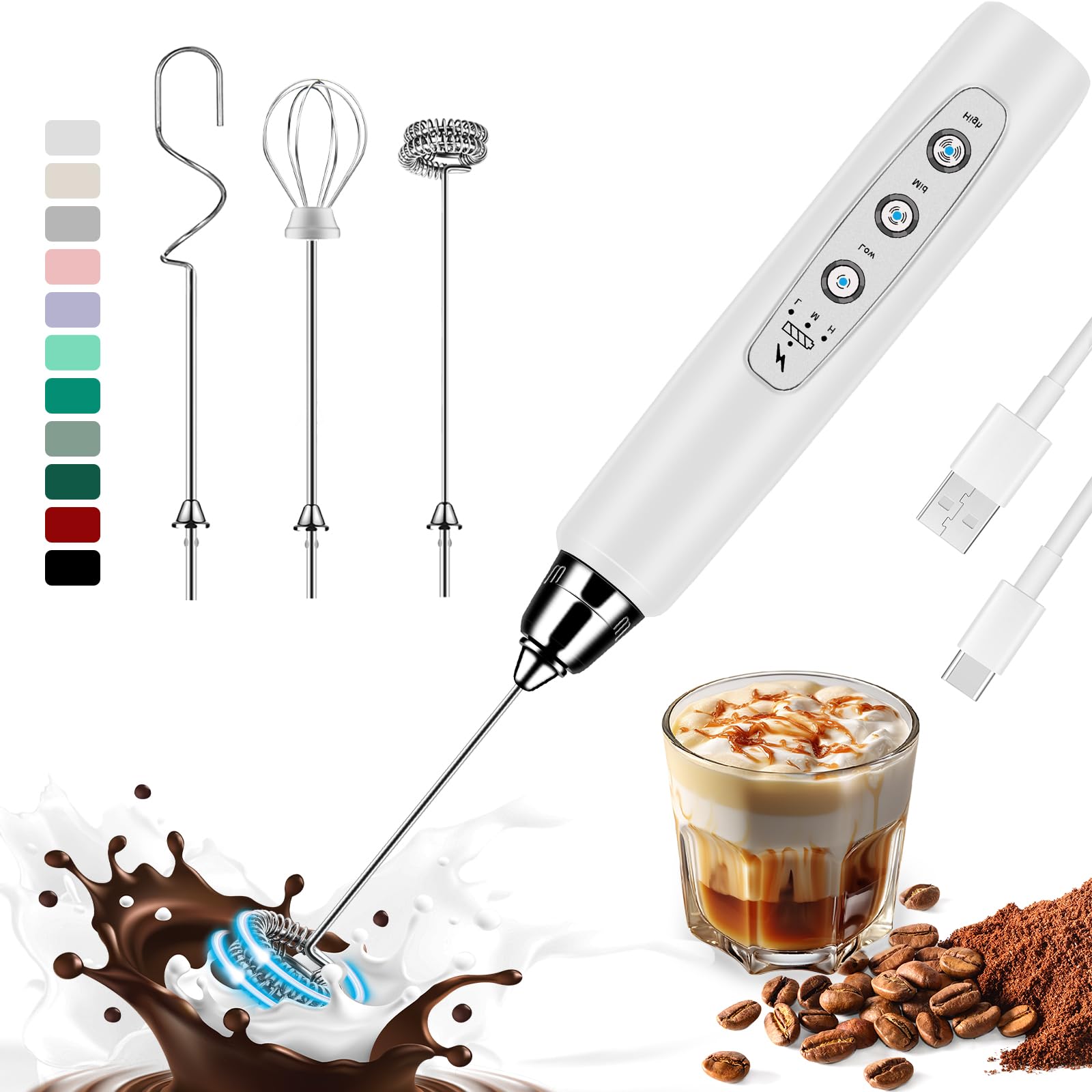 ODIFORGOO Rechargeable Milk Frother Handheld, Electric Foam Maker Coffee Frother Wand, Detachable With 3 Stainless Whisks, Drink Mixer for Lattes, Cappuccino, Matcha, Egg, No Stand, White