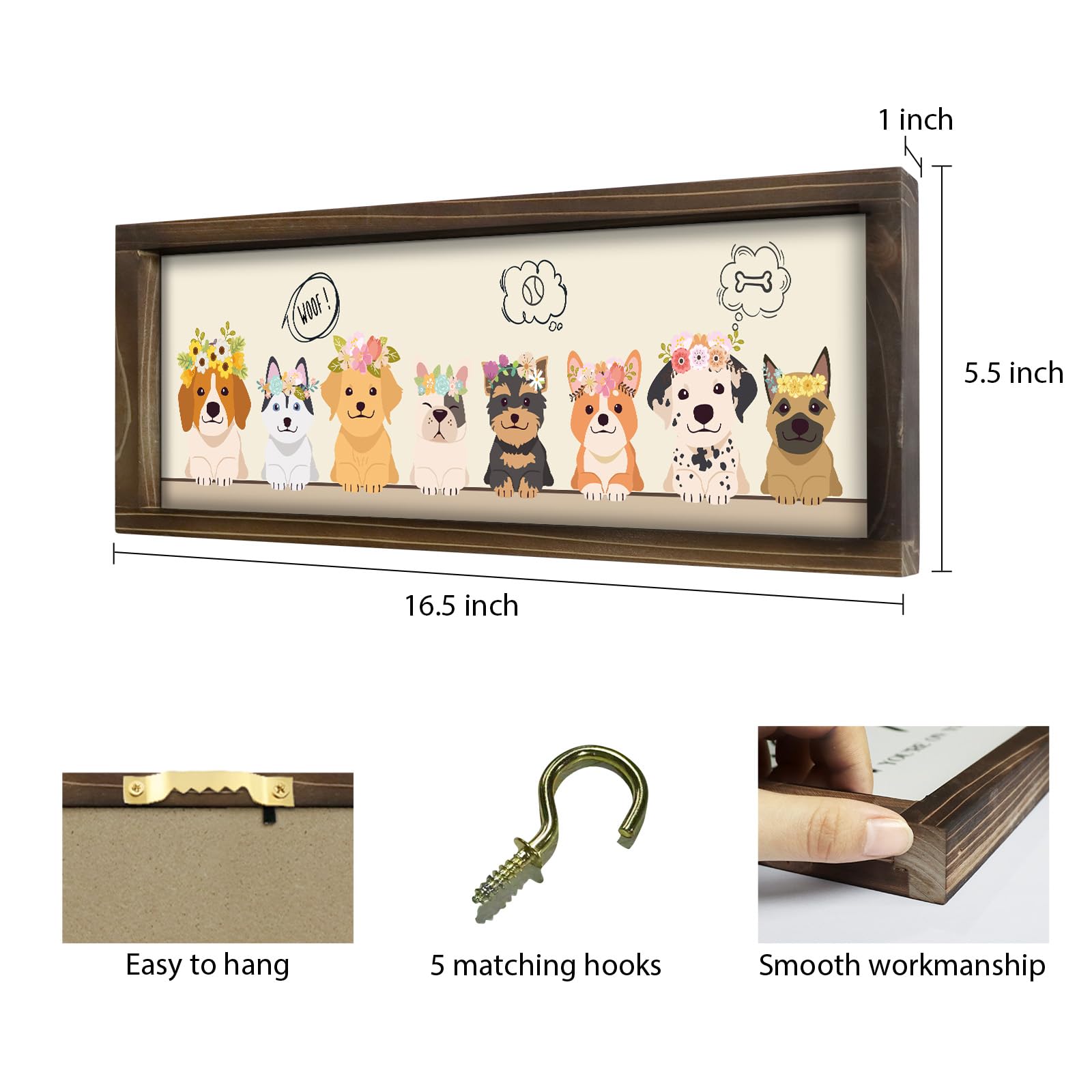 Kas Home Dog Wall Decor Wooden Key Holder Wall Mount with 5 Hooks, Cute Dog Wall Art Farmhouse Wood Key Rack Hanger for Entryway Hanging Wall Decorations (White - Dog, 5.5" x 16.5")