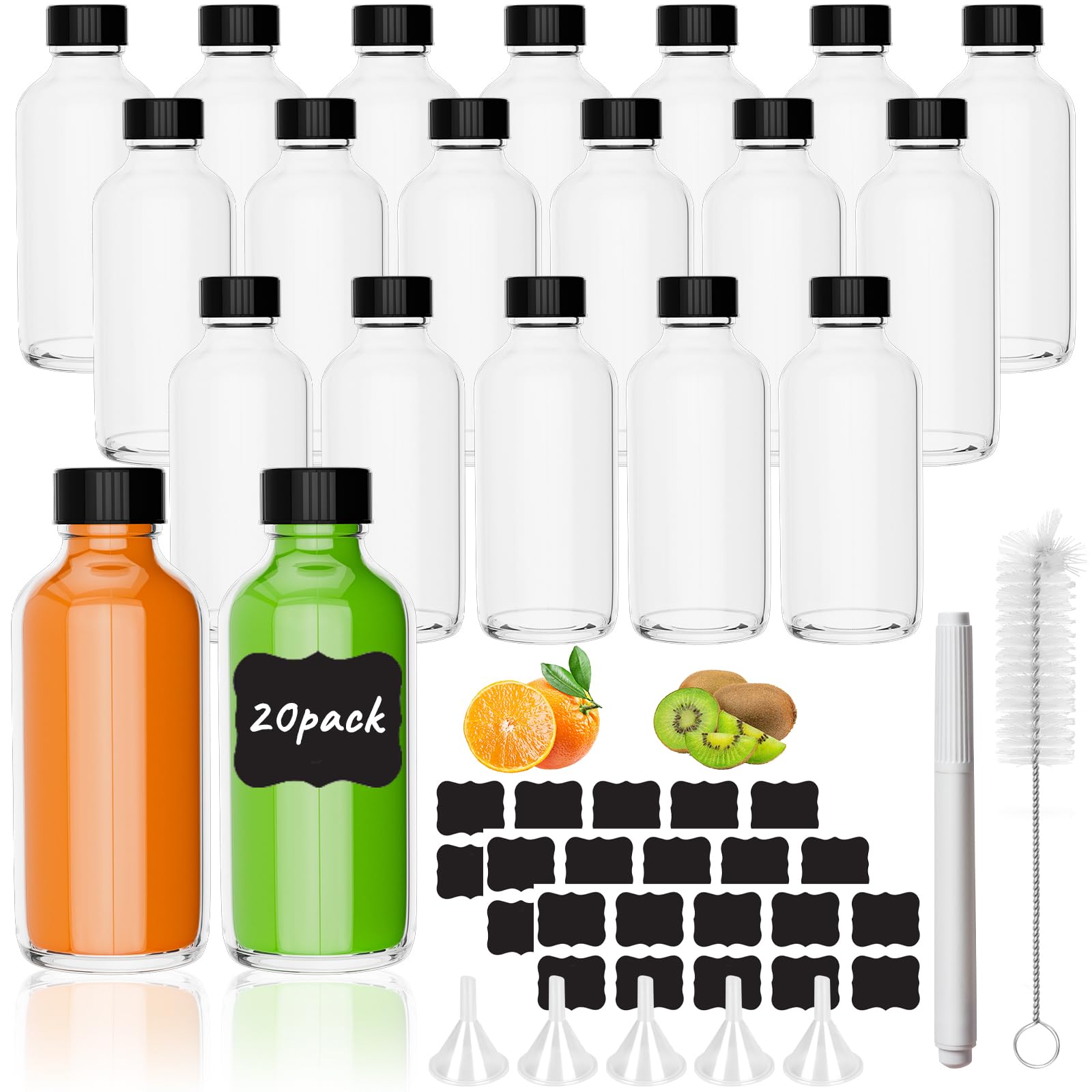 20 Pack 4 oz Small Clear Glass Bottles with Lids, 120ml Short Glass Jars, Empty Reusable Juice Bottles with Funnels, Stickers and Brush, Mini Liquor Bottles for Water, Ginger, Whiskey