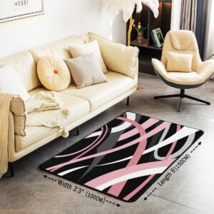 Feelyou Pink Black Grey White Living Room Rugs for Girls Kids Area Rug 3x5 Stripes Accent Rugative Geometric Indoor Floor Mat Modern Striped Art Decorative Rug