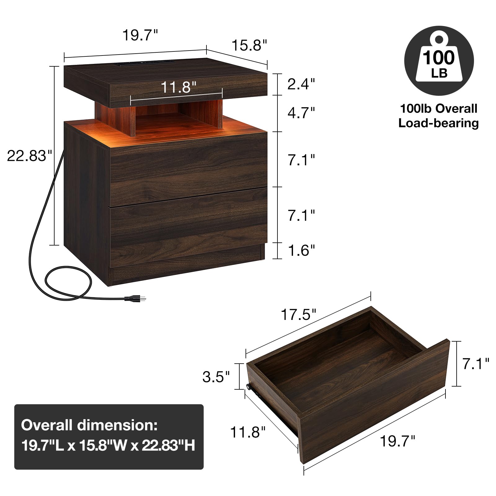 HOMMPA Rustic Nightstand with Wireless Charging Station LED Bedside Table with 2 Drawers End Table with Open Shelf Smart Nightstand USB Night Stand with Led Light for Bedroom Dark Walnut Wood