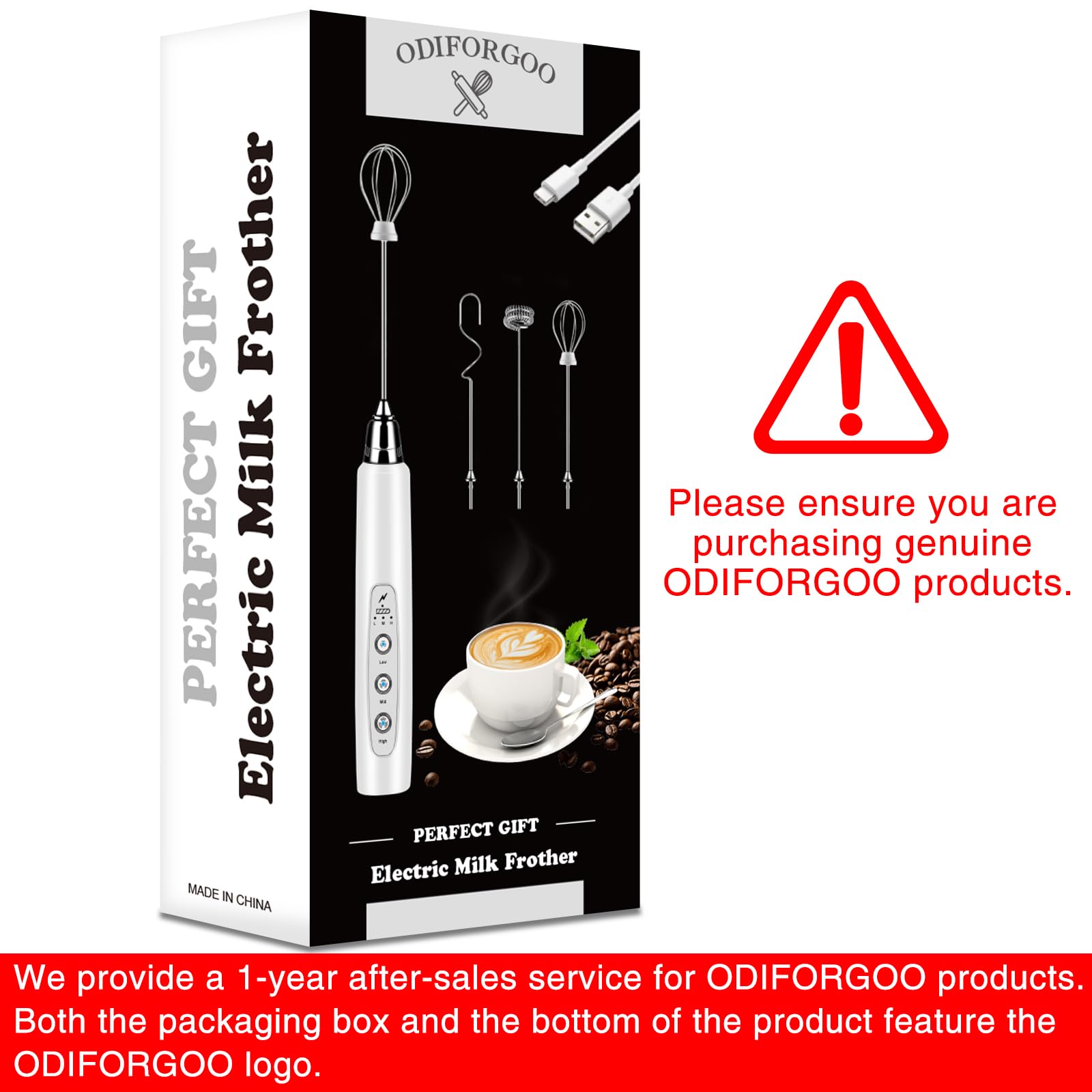 ODIFORGOO Rechargeable Milk Frother Handheld, Electric Foam Maker Coffee Frother Wand, Detachable With 3 Stainless Whisks, Drink Mixer for Lattes, Cappuccino, Matcha, Egg, No Stand, White