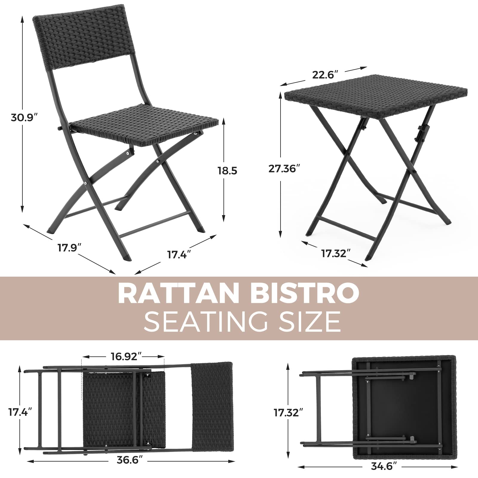 3 Pieces Outdoor Patio Bistro Set, All Weather Brown PE Rattan Patio Furniture Sets with Folding Patio Square Table and Chairs for Garden,Backyard,Balcony,Porch (Black)