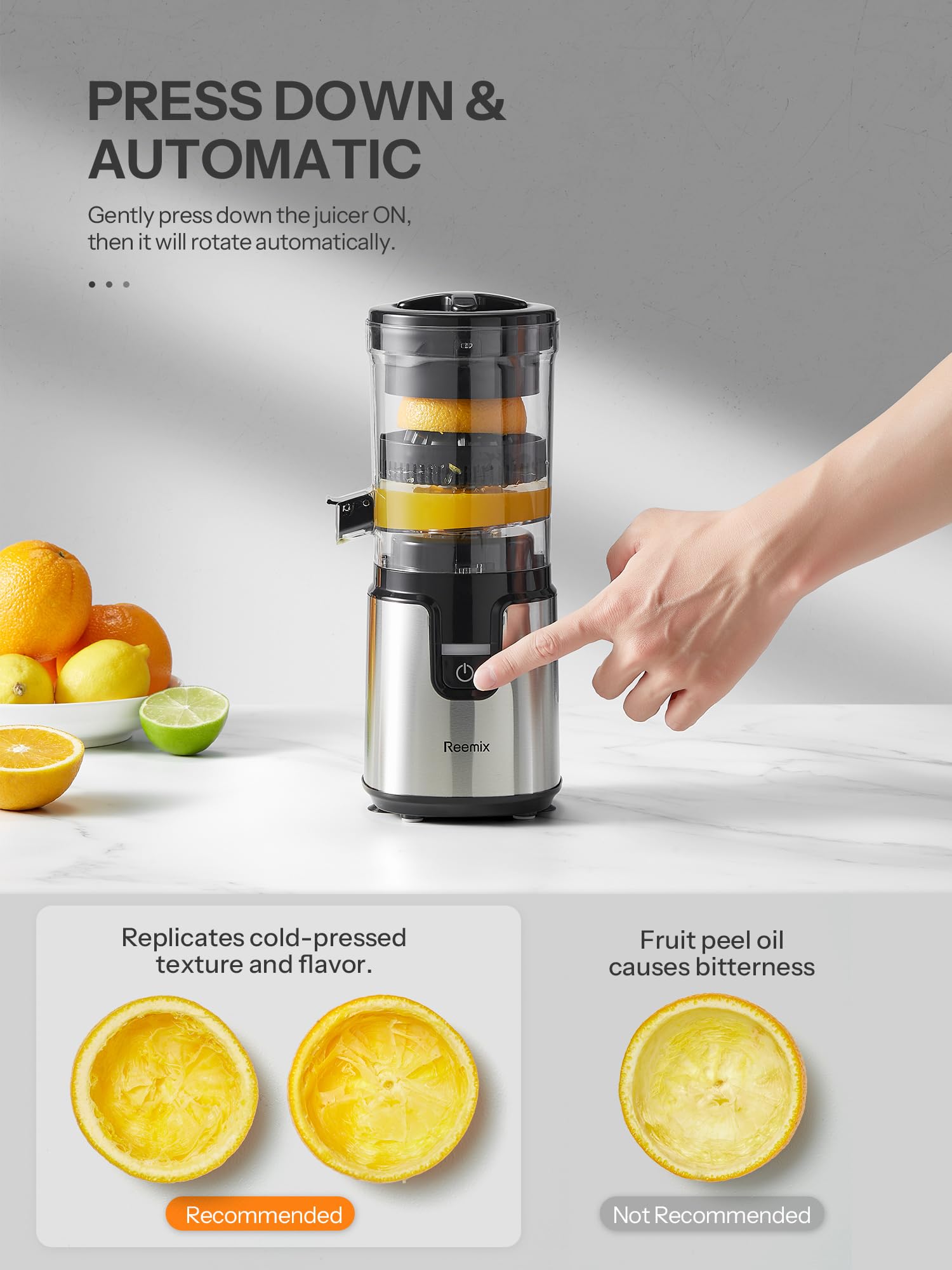 Electric Citrus Juicer, Reemix Lemon Squeezer with Brushed Stainless Steel Body, Fully Automatic One-click Operation Orange Squeezer, Black+Silver