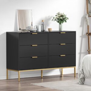 Anmytek Modern 6 Drawer Dresser, Black Dressers for Bedroom, Chest of Drawers Closet Organizers and Wood Storage Clothes, Black Dresser with Golden Handles for Living Room, Hallway