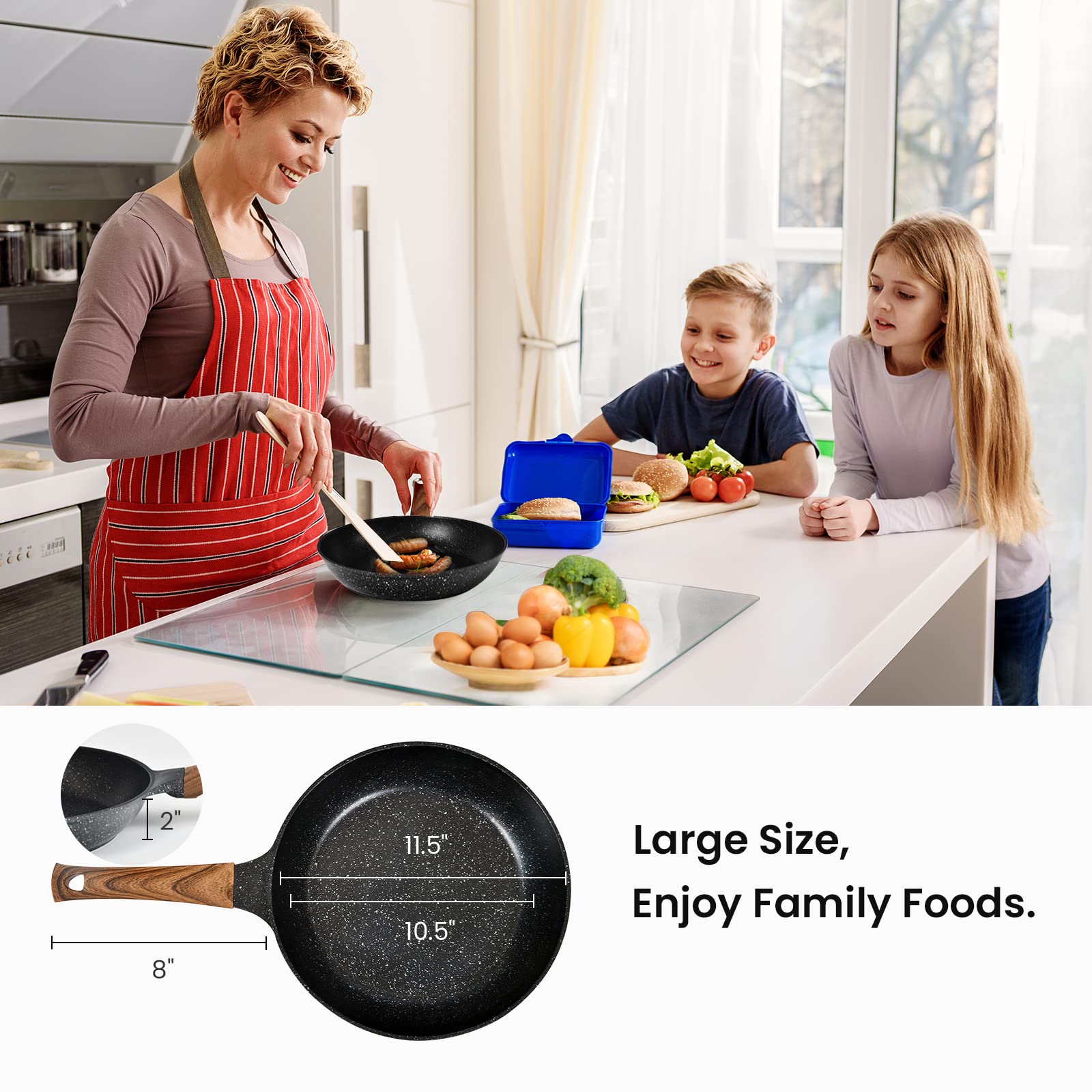 MOJIRE Nonstick Frying Pans Set with Lid, 10 In 11.5 In Aluminum Granite Coating Chef's Pan, Non Stick Flat Skillet Set with Glass Cover, Cookware Set Suitable for Gas Stove, Induction Glass Top