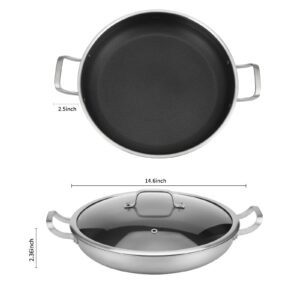 Yeksum Tri-Ply 14.5 Inch Stainless Steel Paella Pan,12 Servings Paella Pan with Lid,18/10 Nonstick Large Skillet,Jumbo Cooker,Induction Pan,Skillets,for Outdoors,Camping,Parties