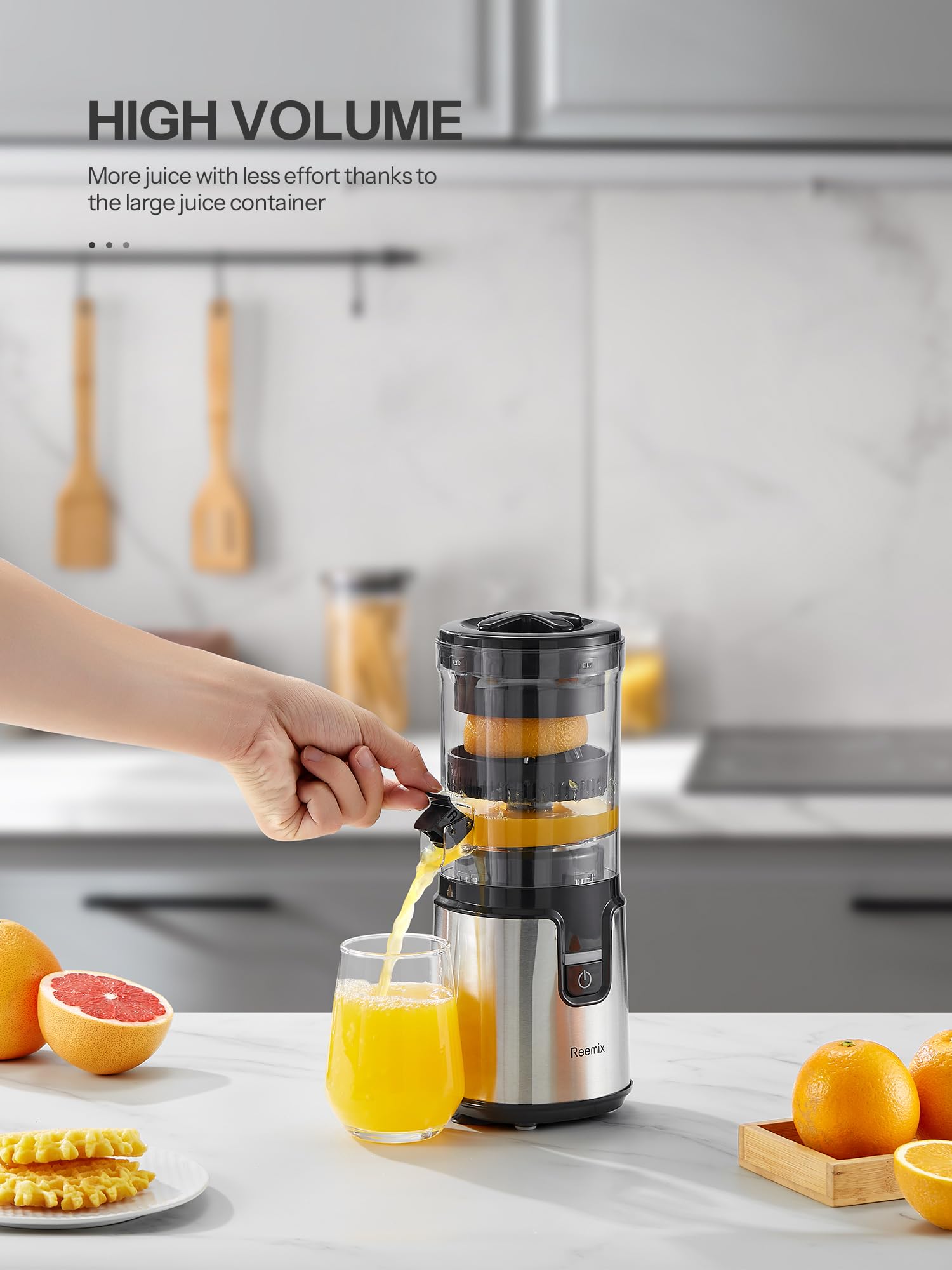 Electric Citrus Juicer, Reemix Lemon Squeezer with Brushed Stainless Steel Body, Fully Automatic One-click Operation Orange Squeezer, Black+Silver