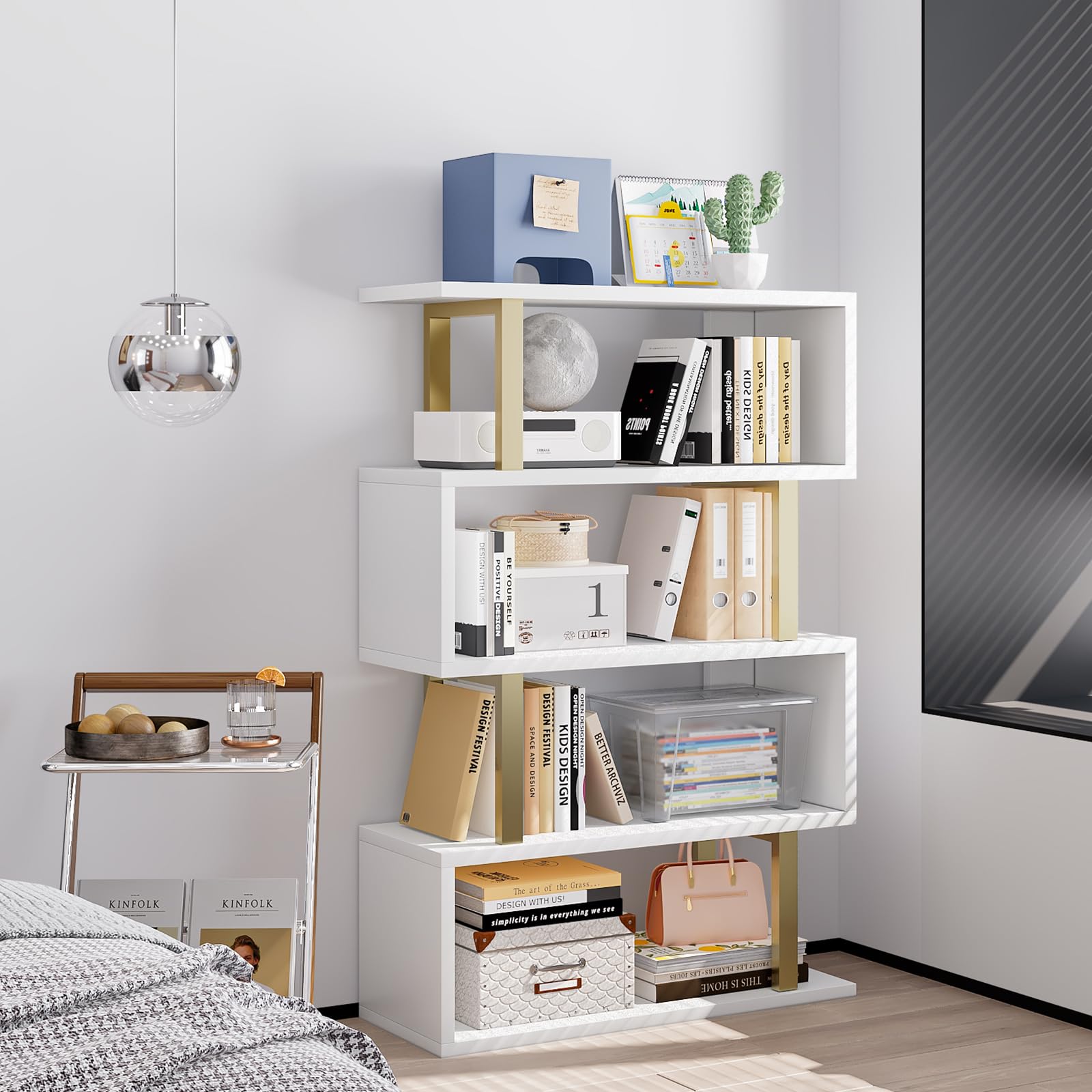 SORCEDAS Bookshelf Geometric Bookcase S Shaped Industrial Bookshelf Storage Display Stand Shelf for Living Room Bedroom and Office Room (White, 4 Tier)