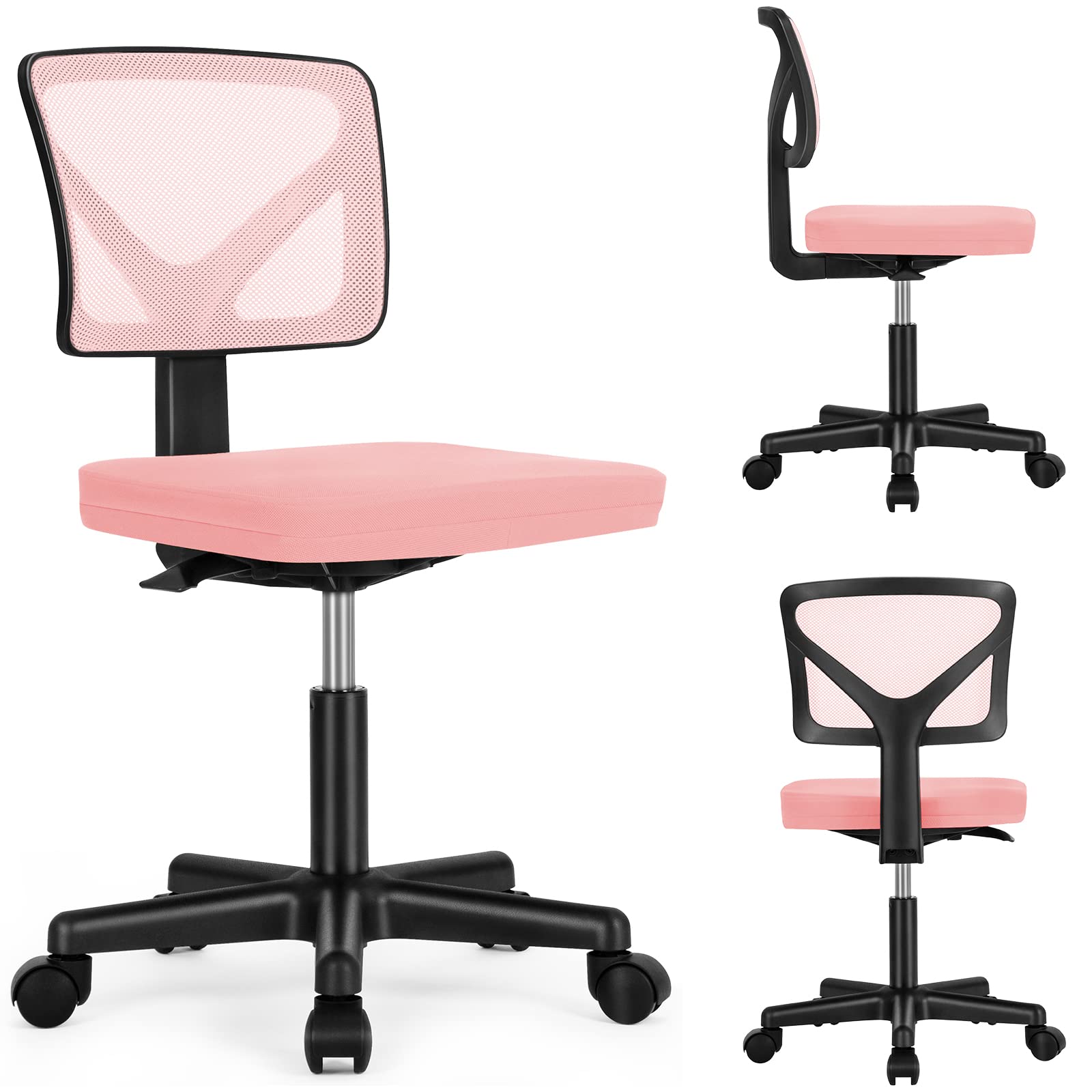 Sweetcrispy Office Computer Desk Chair, Ergonomic Low-Back Mesh Rolling Work Swivel Chairs with Wheels, Armless Comfortable Seat Lumbar Support for Home,Bedroom,Study,Student,Adults, Pink