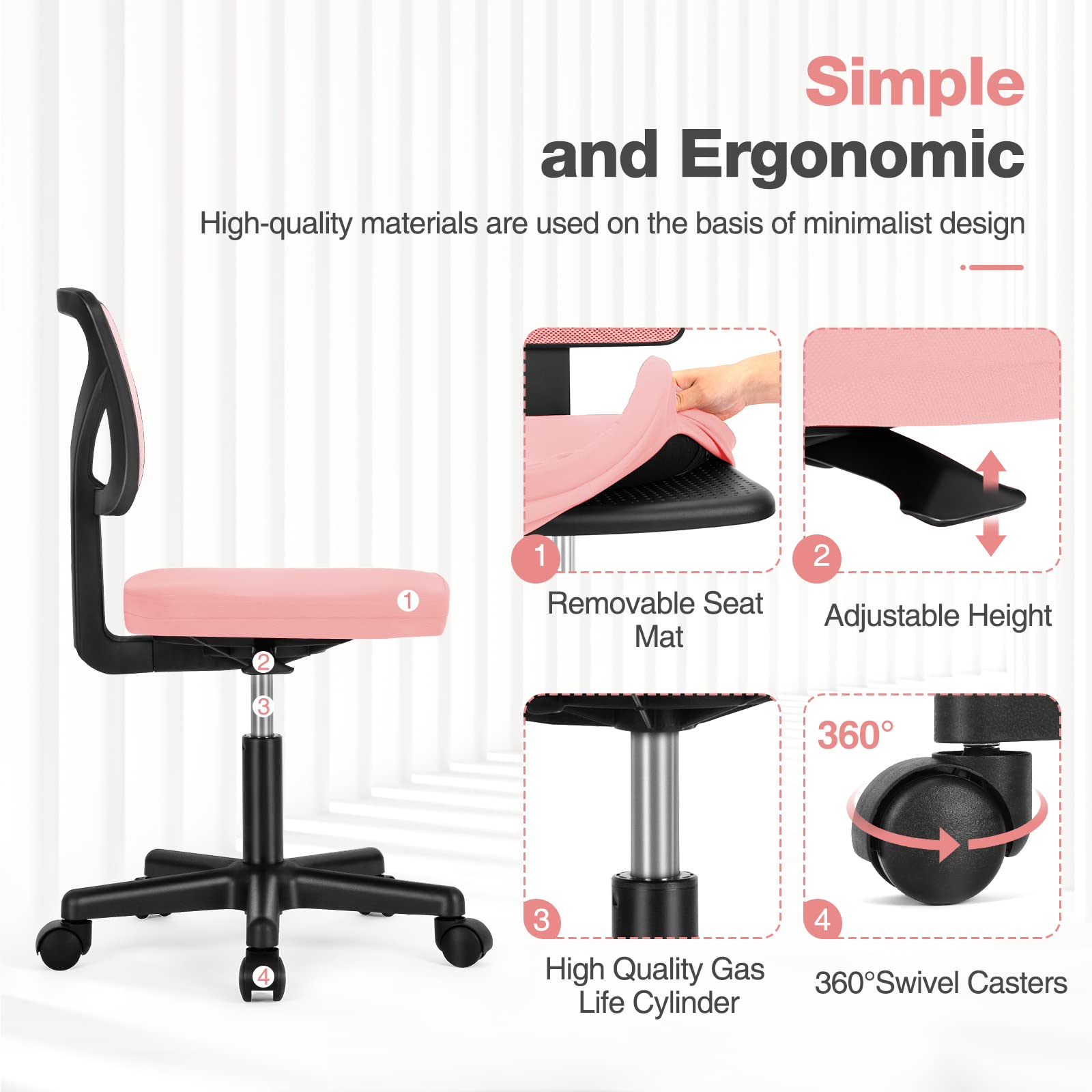 Sweetcrispy Office Computer Desk Chair, Ergonomic Low-Back Mesh Rolling Work Swivel Chairs with Wheels, Armless Comfortable Seat Lumbar Support for Home,Bedroom,Study,Student,Adults, Pink