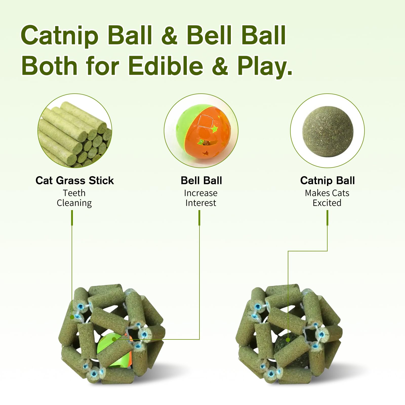 Gochanmon Cat Toys,2 Pcs Cat Grass Stick Cage Balls & Bell Ball,Cat Toys for Bored Indoor Cats,Safe Teeth Cleaning Cat Toothbrush,Cat Chew Toy for All Breeds