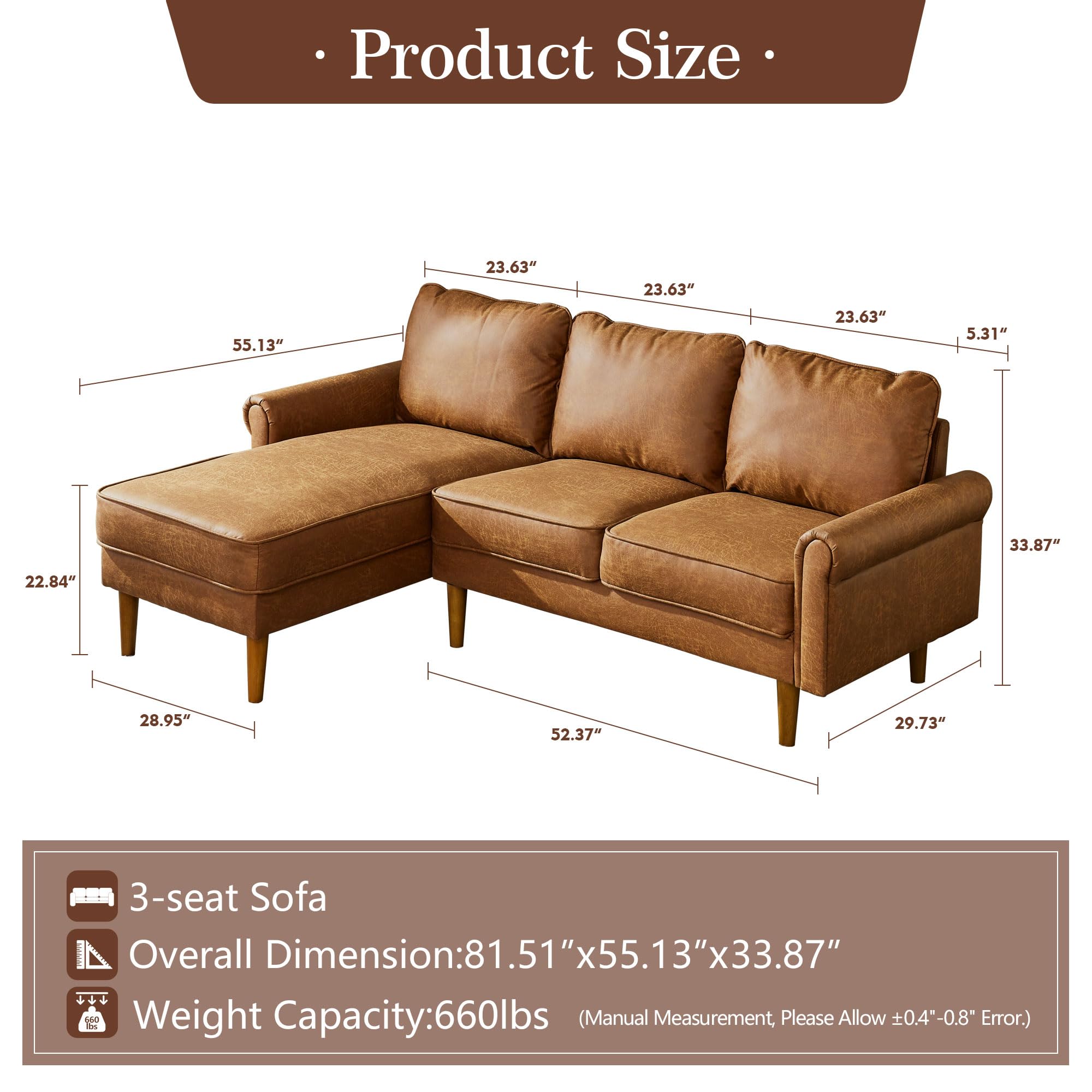 POUUIN 81" Small Sectional Sofa Couches for Living Room,Mid-Century Modern L-Shape Sofa Couch with Chaise,Faux Leather Comfy Chaise Sofa for Office Apartment Small Space,Brown