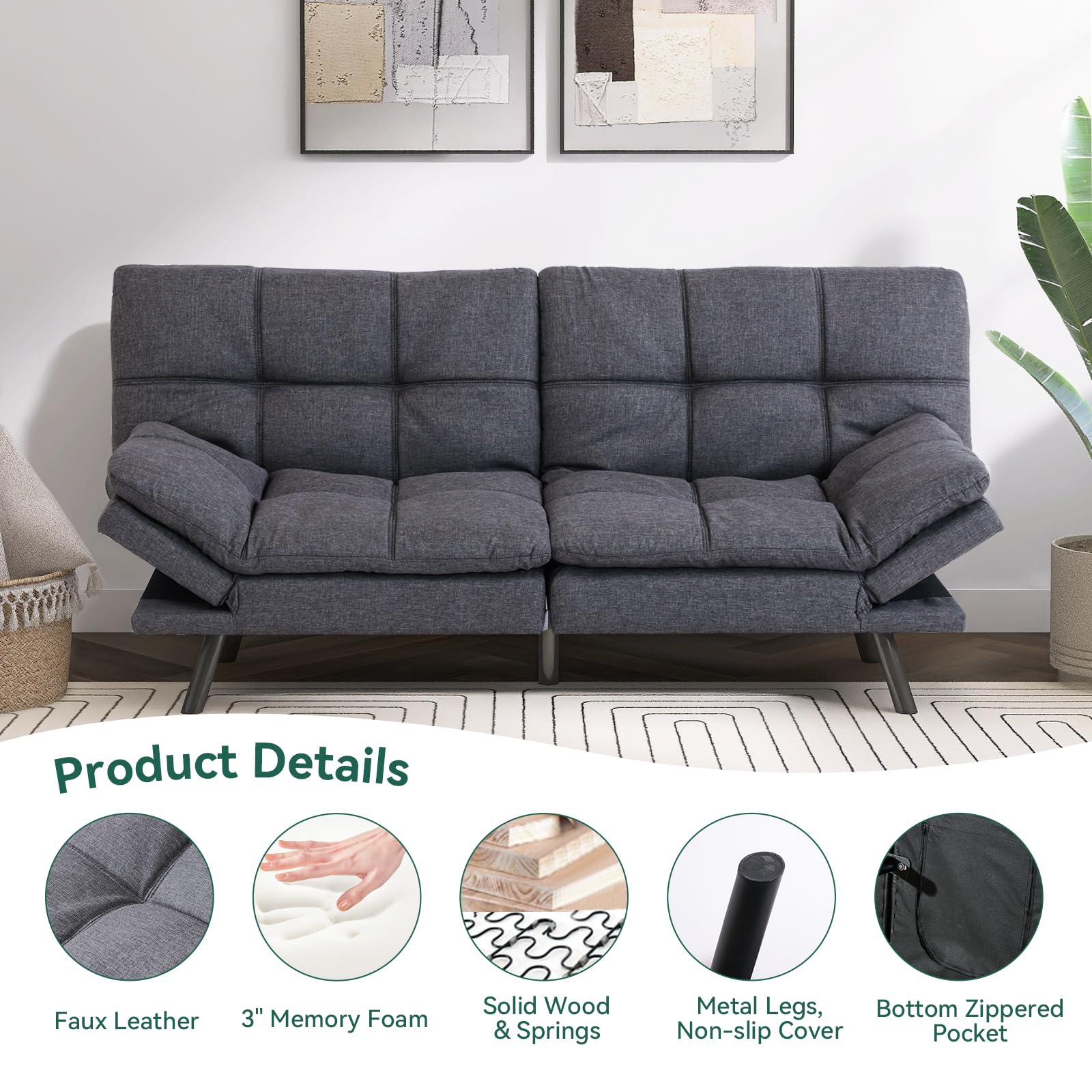 Hcore, Sleeper Bed Couch,Memory Foam Futon Sofa Sofabed, Classic Grey