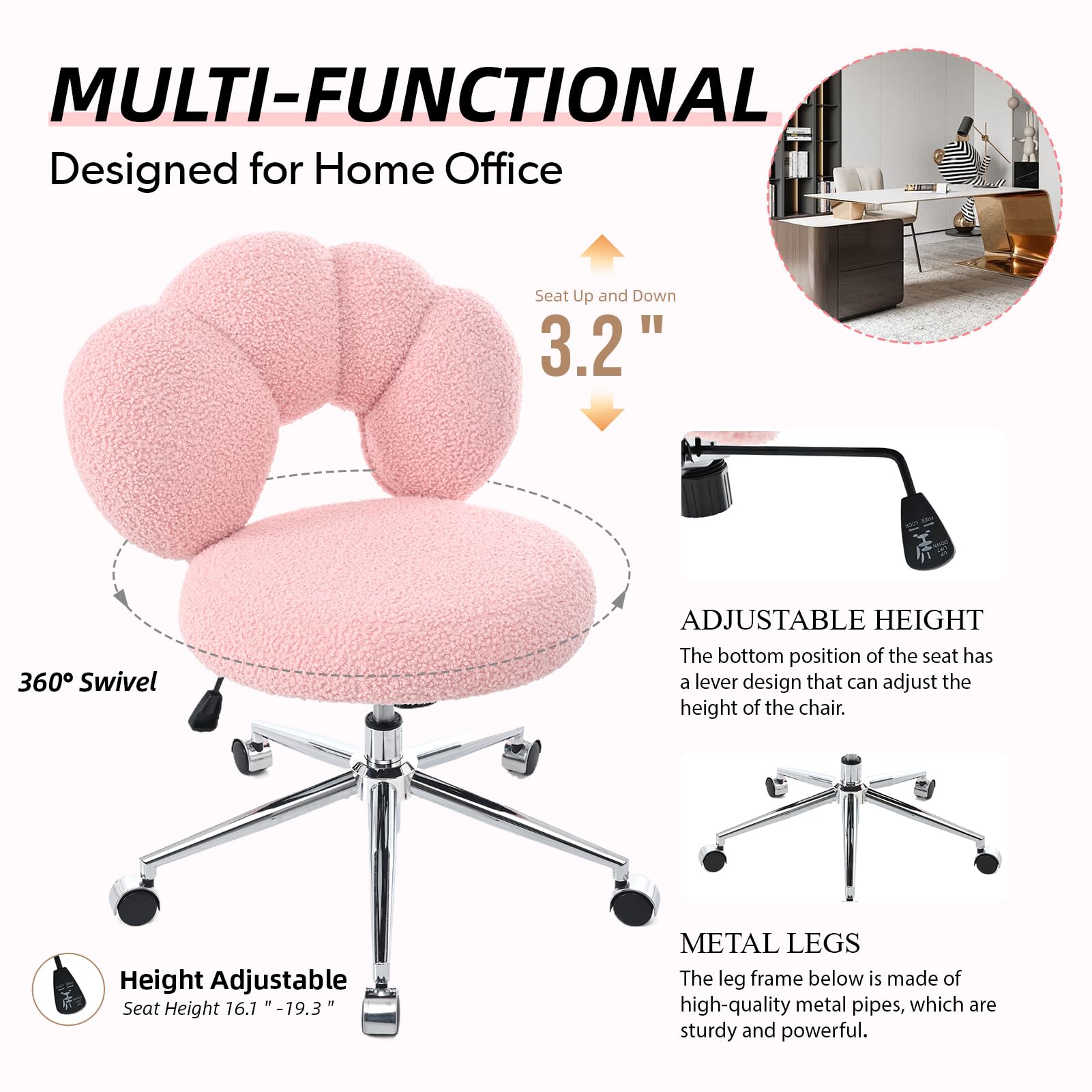 Home Office Chair Criss Cross Chair with Wheels, Upholstered Chairs with 360 Swivel, Height Adjustable Swivel Computer Task Chairs for Living Room, Bedroom, Vanity, Study（Pink）