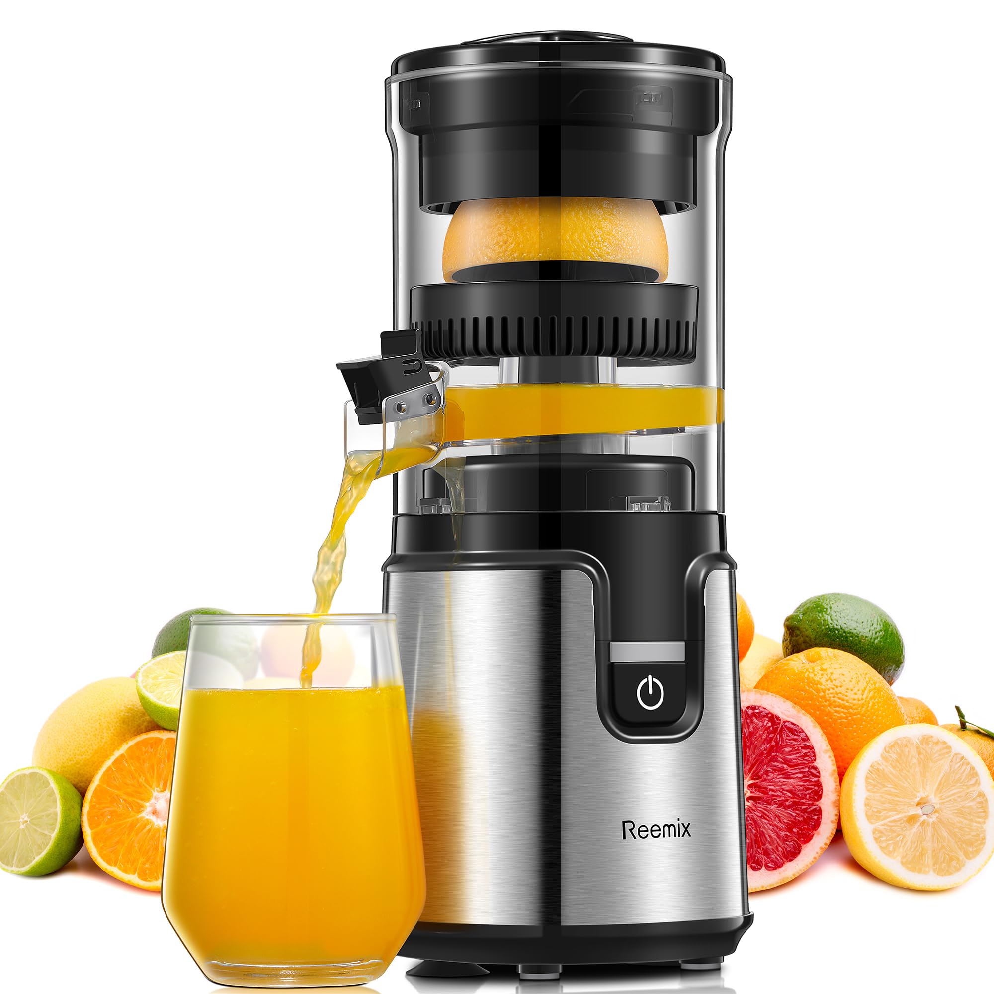 Electric Citrus Juicer, Reemix Lemon Squeezer with Brushed Stainless Steel Body, Fully Automatic One-click Operation Orange Squeezer, Black+Silver