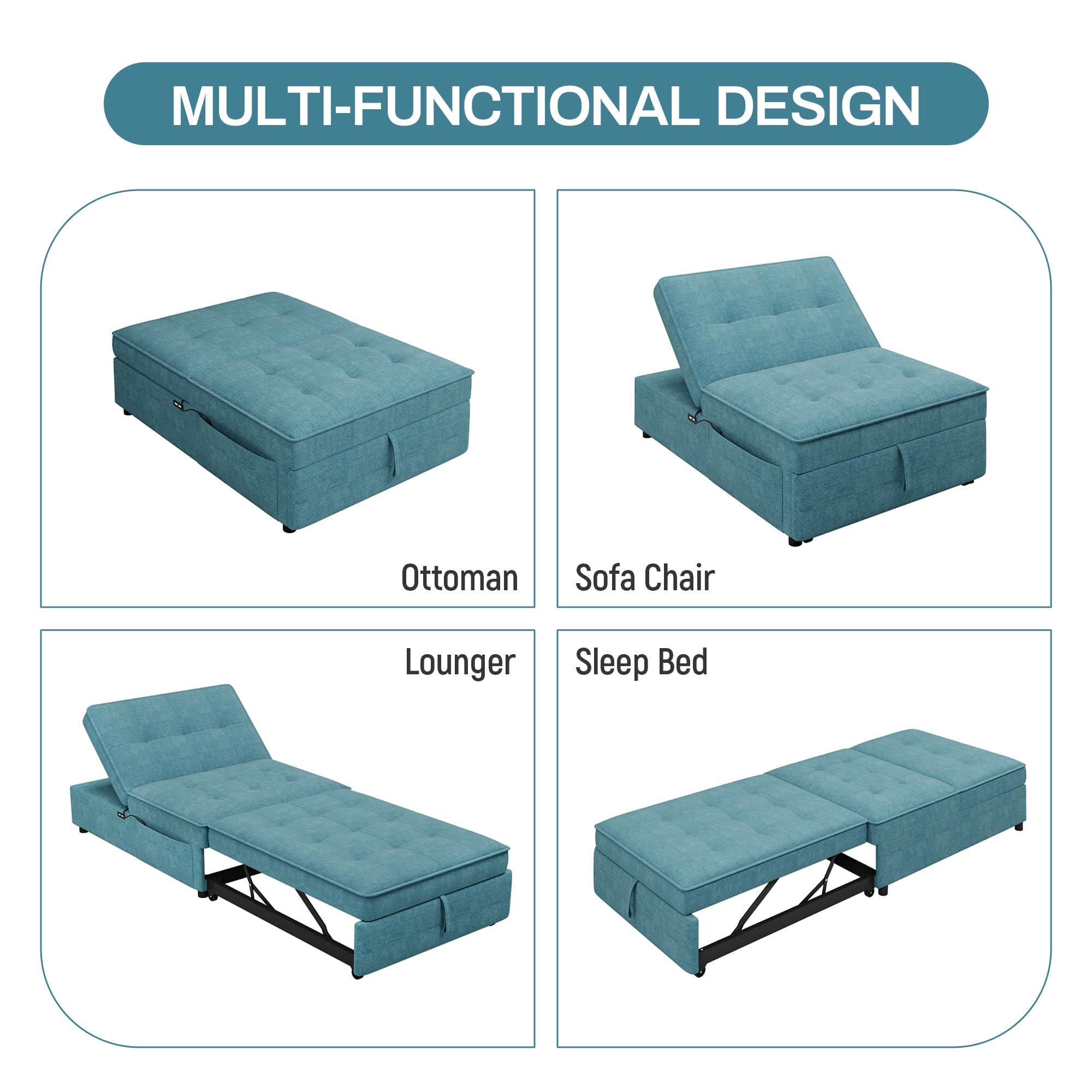 NicBex Pull-Out Sofa Practical Sofa Bed with Storage Folding Chair Bed Convertible Chair to Bed with Storage Pocket and USB Port for Small Room Apartment, Living Room, Teal