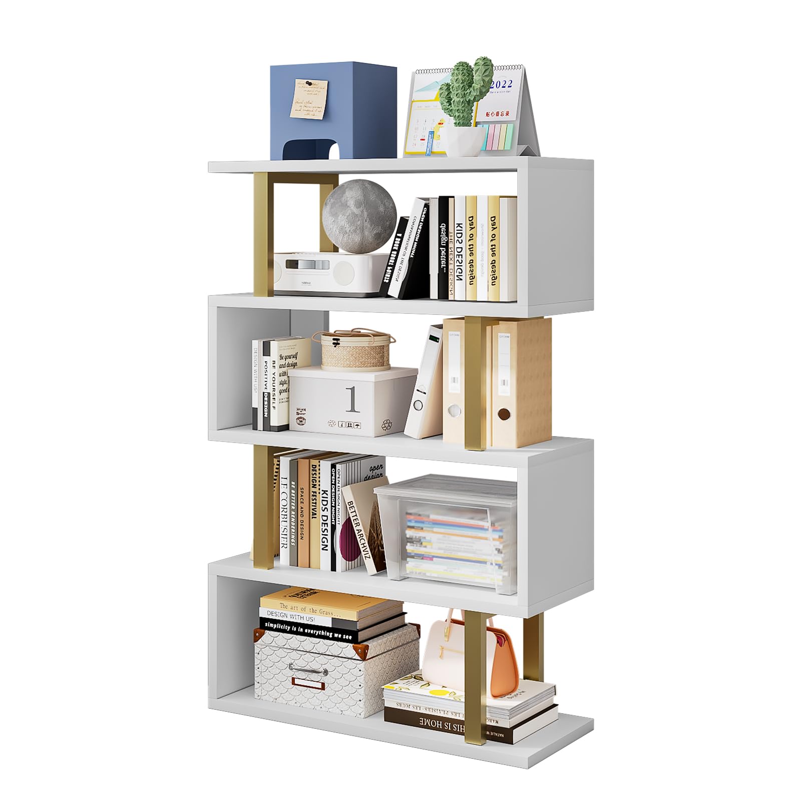 SORCEDAS Bookshelf Geometric Bookcase S Shaped Industrial Bookshelf Storage Display Stand Shelf for Living Room Bedroom and Office Room (White, 4 Tier)