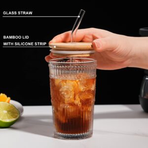 Baalaka Glass Cups with Lids and Straws, Glass Tumbler, 12 OZ Iced Coffee Cups, Drinking Glasses for Cocktails, Tea Cups with 1 Cleaning Brush