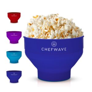 chefwave silicone popcorn popper (dark blue) - reusable, collapsible microwave popcorn bowl - dishwasher safe