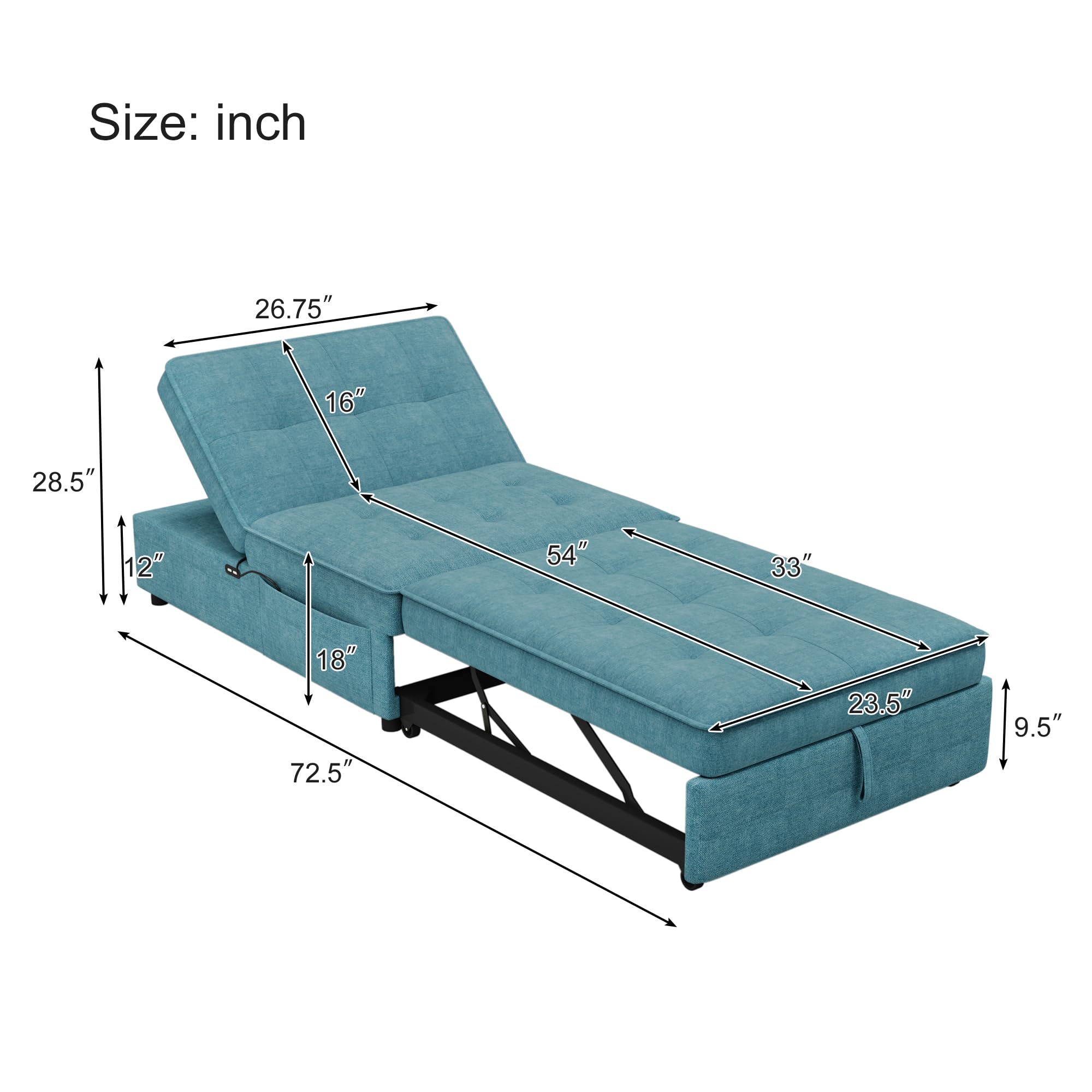 NicBex Pull-Out Sofa Practical Sofa Bed with Storage Folding Chair Bed Convertible Chair to Bed with Storage Pocket and USB Port for Small Room Apartment, Living Room, Teal