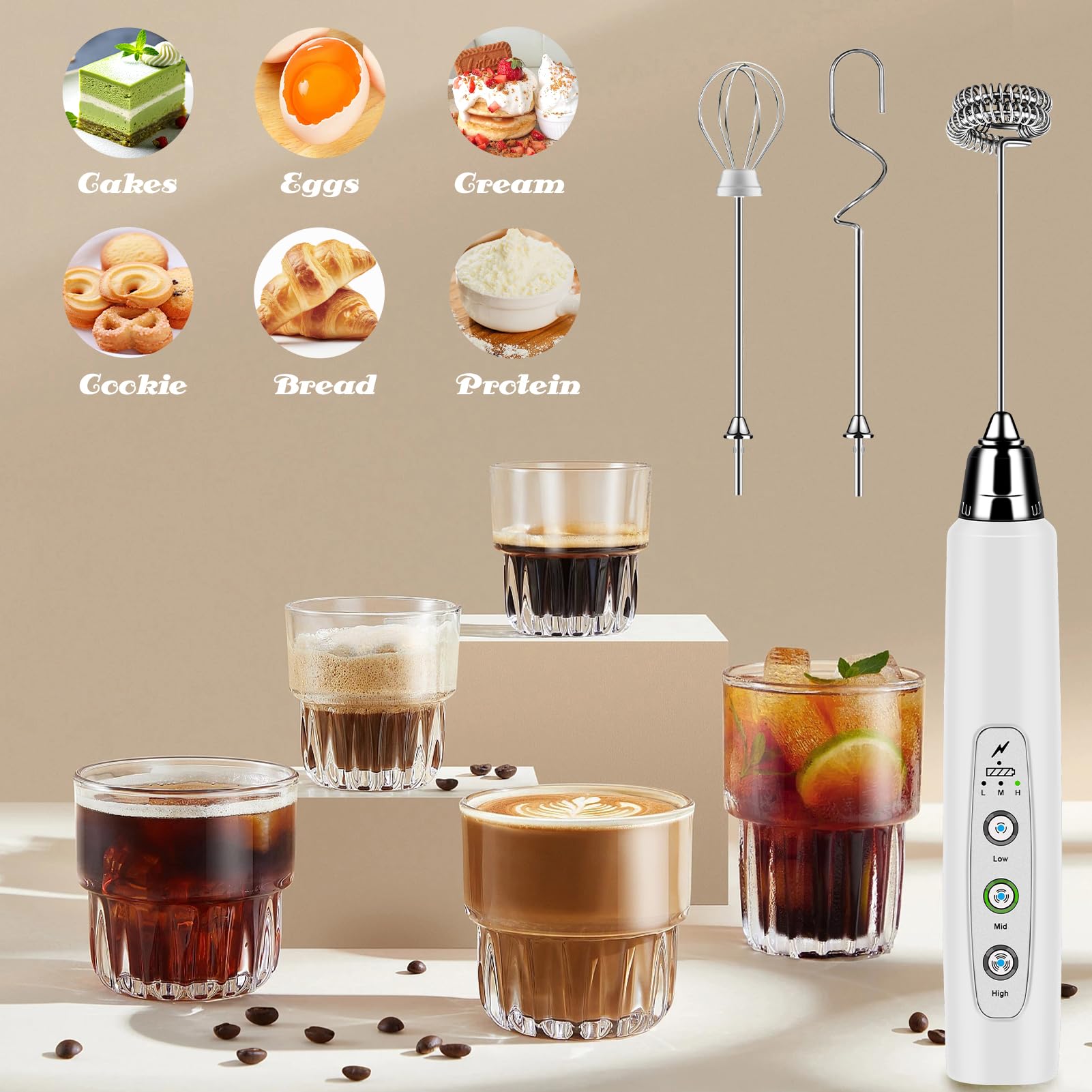 ODIFORGOO Rechargeable Milk Frother Handheld, Electric Foam Maker Coffee Frother Wand, Detachable With 3 Stainless Whisks, Drink Mixer for Lattes, Cappuccino, Matcha, Egg, No Stand, White