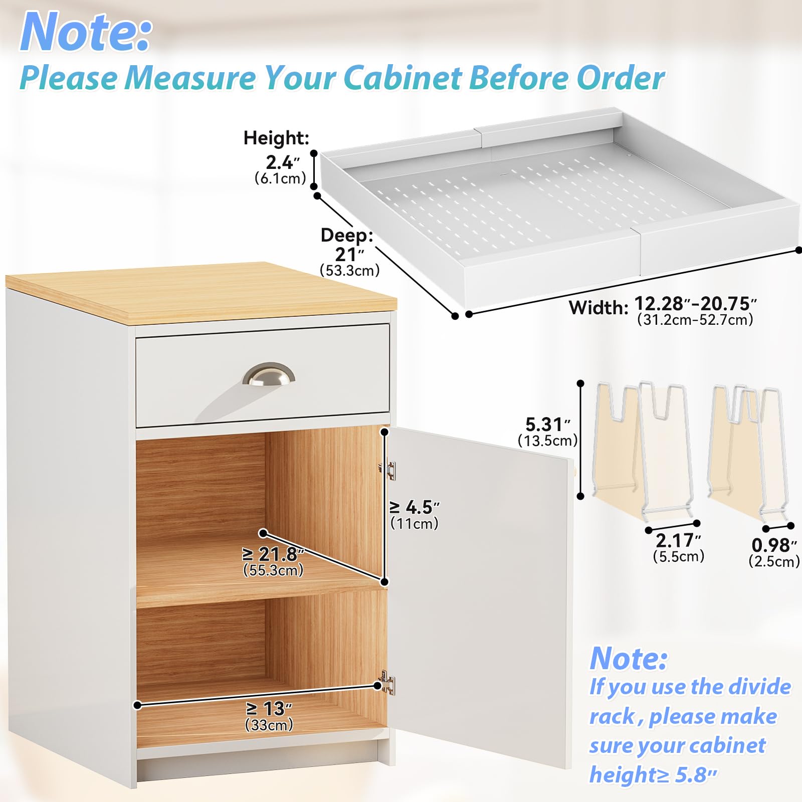 OVICAR Pull Out Cabinet Organizer - Expandable Slide Out Drawer - 21" Deep Adhesive Storage Shelf with 4pcs Divider Racks for Kitchen Pantry Bathroom Home, 12.2"-20.7" W, White