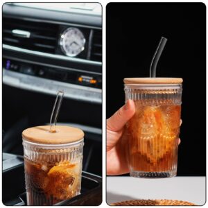 Baalaka Glass Cups with Lids and Straws, Glass Tumbler, 12 OZ Iced Coffee Cups, Drinking Glasses for Cocktails, Tea Cups with 1 Cleaning Brush