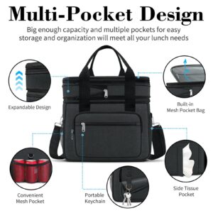 Coobiiya Large Cooler Lunch Box for Men, 23L Expandable Insulated Lunch Bag for Work/Adult with 4 Ice Packs&2 Snack Bags,Double Deck Leakproof Heavy Duty Cooler bags for Women/Travel/Picnic - Black