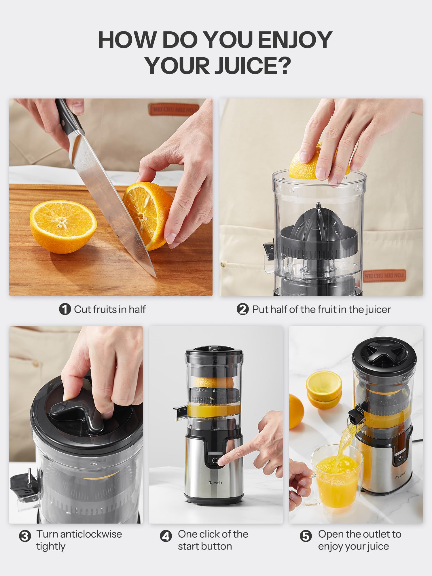 Electric Citrus Juicer, Reemix Lemon Squeezer with Brushed Stainless Steel Body, Fully Automatic One-click Operation Orange Squeezer, Black+Silver