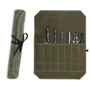 senvitate knife roll, waxed canvas chef's knife roll bag, 7 knife slots for cutlery knives and kitchen utensils, knife storage case knife carrier perfect for the traveling chef (army green)