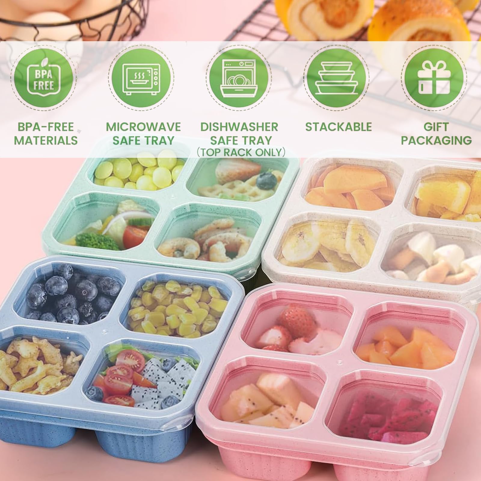 Kakating Bento Snack Boxes 4-Pack 4 Compartment Condiment Containers | Adult Lunchable Containers (4)