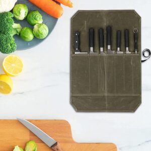 Senvitate Knife Roll, Waxed Canvas Chef's Knife Roll Bag, 7 Knife Slots for Cutlery Knives and Kitchen Utensils, Knife Storage Case Knife Carrier Perfect for the Traveling Chef (Army Green)