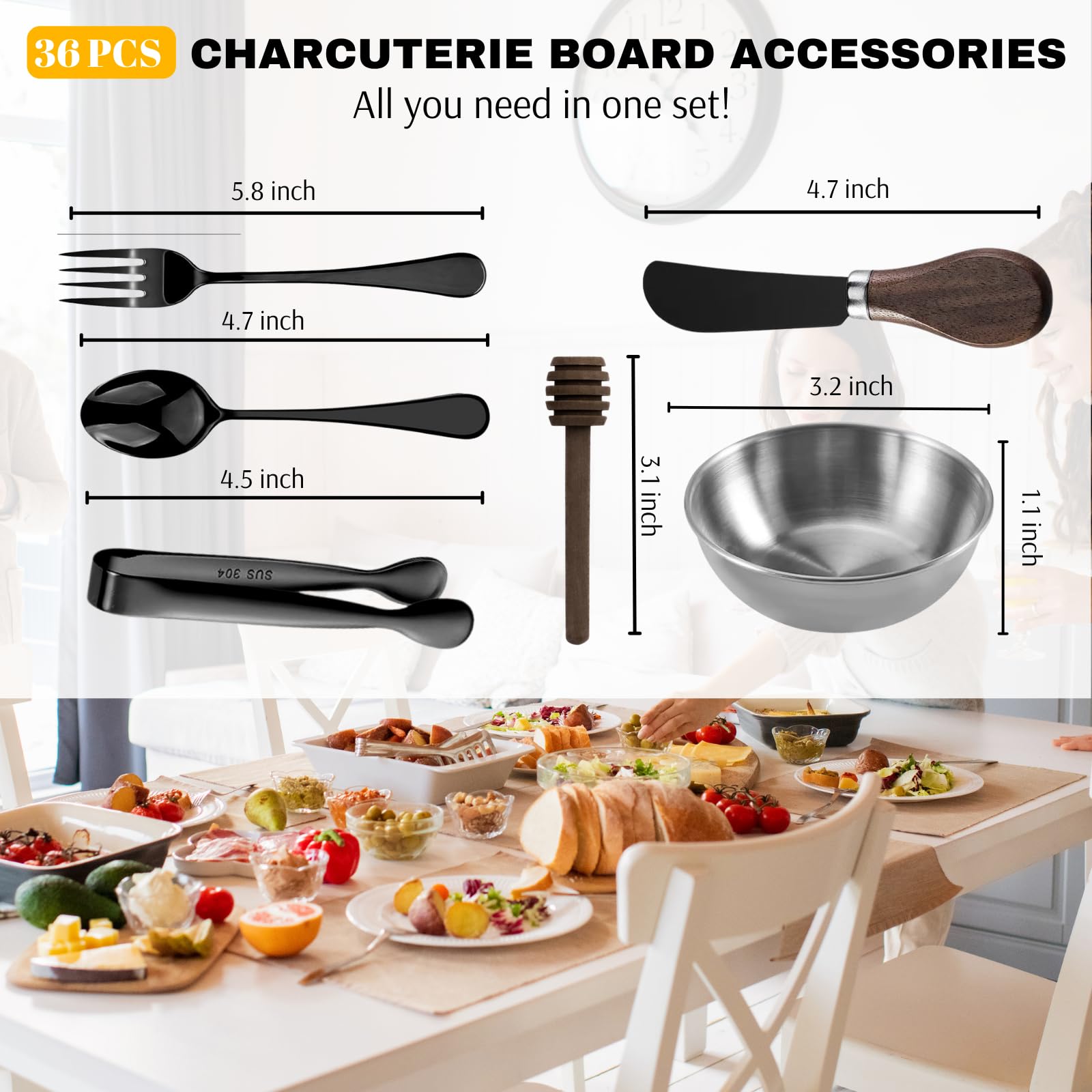 Charcuterie Boards Accessories Utensils, Cheese Knife Set, Charcuterie Bowls, Cheese Markers for Charcuterie Board, Mini Serving Tongs Spoons and Forks Honey Dipper for Pastry Wedding Gift Black