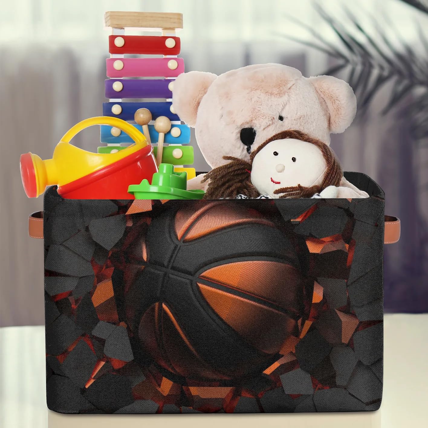 SinSenMa Basketball Black Cube Storage Basket Boy Toys Gifts Empty Basket,Collapsible Shelf Organizer Bins with Handles,Canvas Cloth Fabric Storage Basket,Books Kids Toys Bin Boxes,Closet Decorate