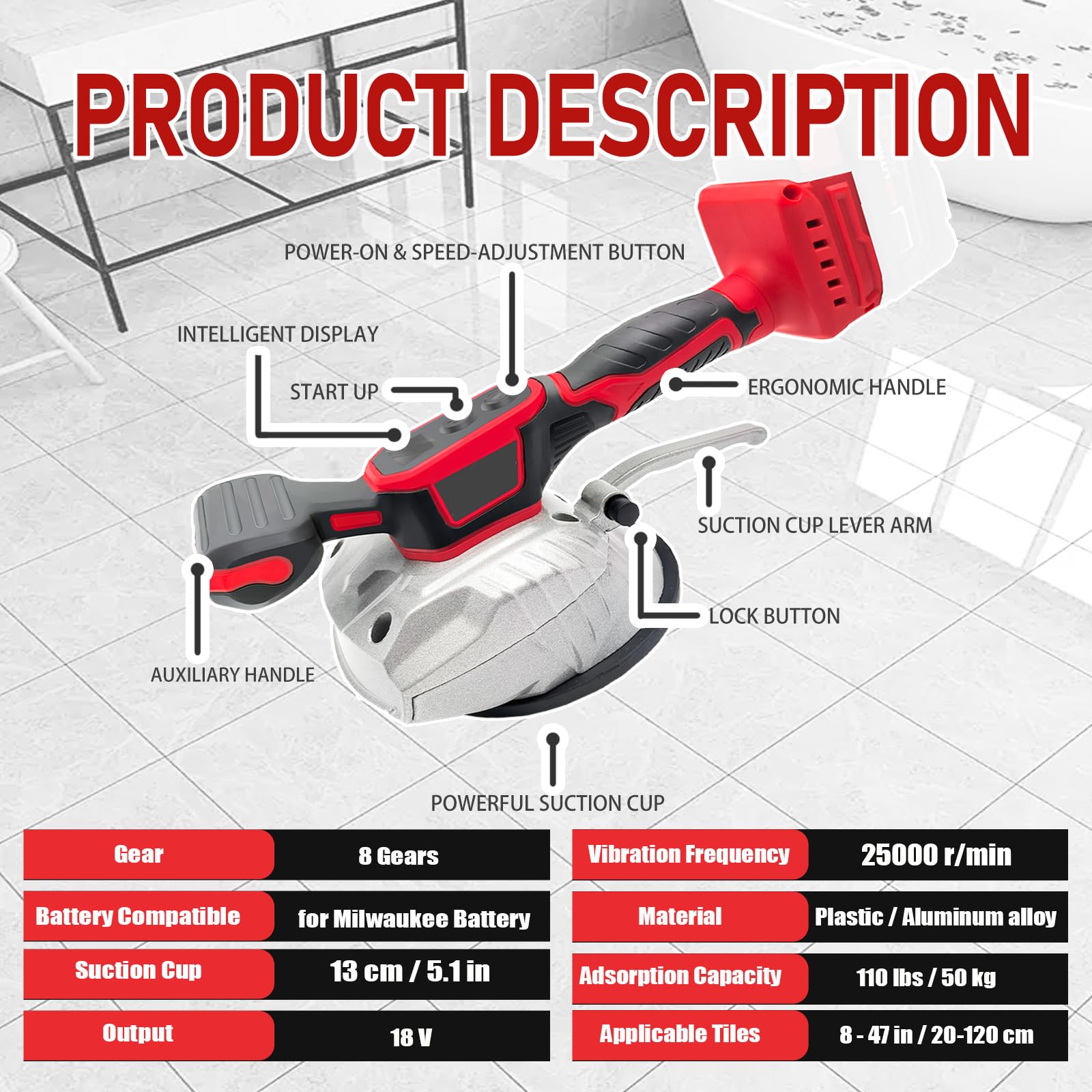 Tile Vibration Tool for for Milwaukee 18V Battery, CordlessTile Vibration Leveling Machine with 8 Speed, 5'' Suction Cup, Digital Display, Tile Vibrator for Floor Tile Wall (Battery Not Included)