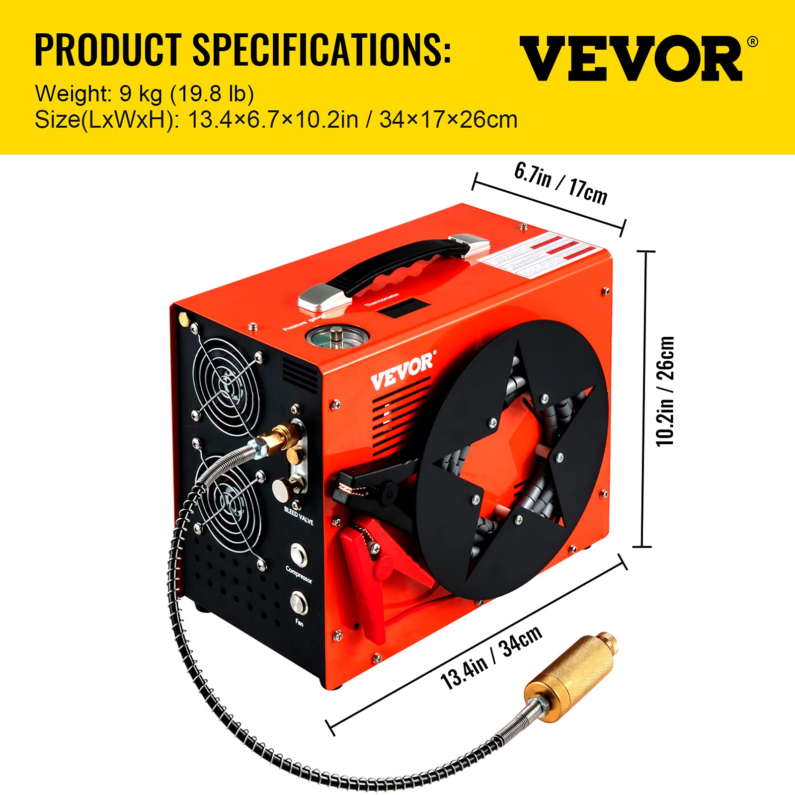 VEVOR PCP Air Compressor, Auto-stop Portable PCP Airgun Compressor, Powered by DC 12V Car or Home AC 110V/220V, 4500Psi/30Mpa w/Built-in Water/Oil Adapter & Cooling Fan for Paintball, Scuba, Air Rifle