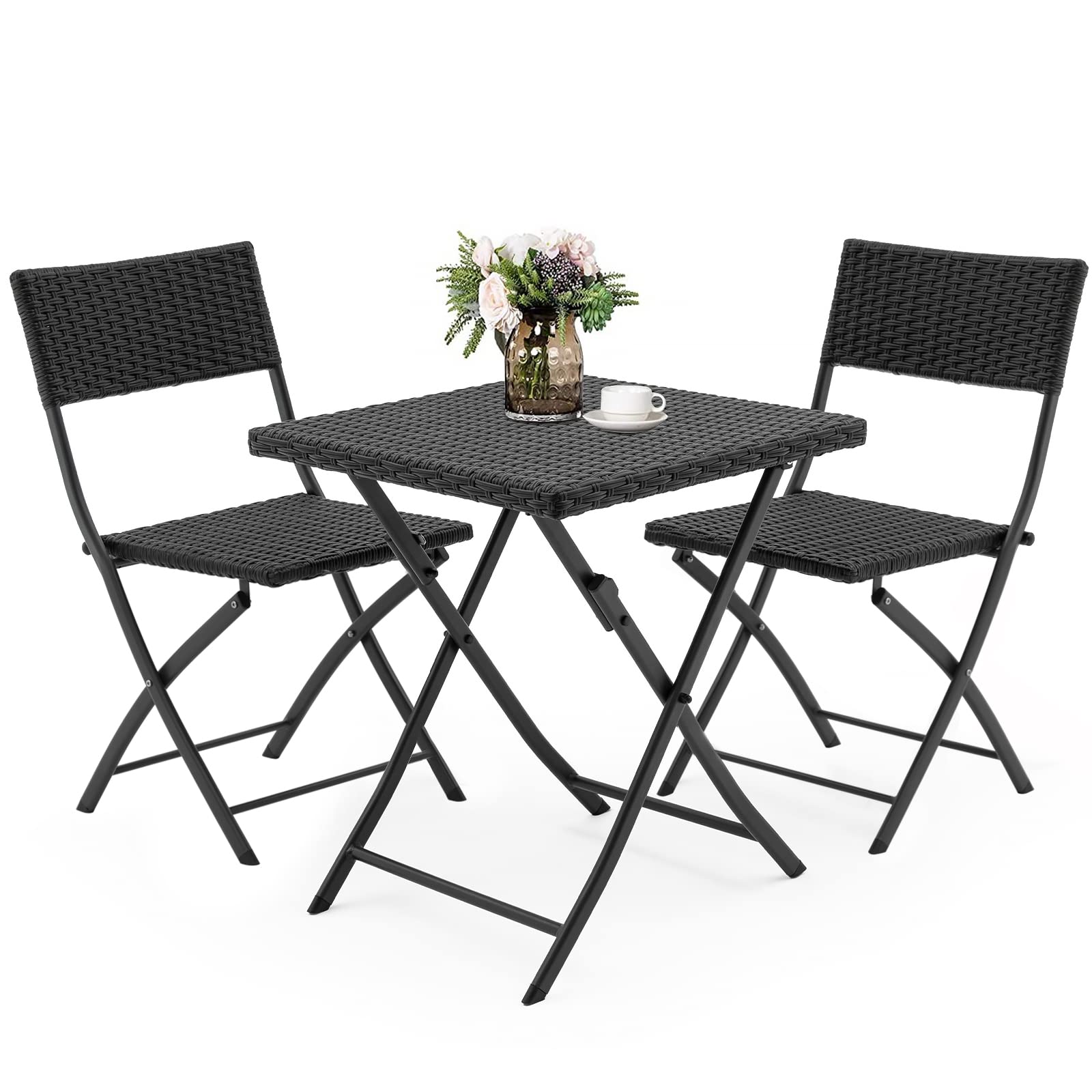 3 Pieces Outdoor Patio Bistro Set, All Weather Brown PE Rattan Patio Furniture Sets with Folding Patio Square Table and Chairs for Garden,Backyard,Balcony,Porch (Black)