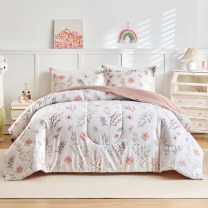 Joyreap 3pcs Floral Cotton Comforter Set for Girls, Pink Flowers n Leaves Botanical Design, Twin Size Soft n Cozy Bedding Comforter Set for All Season- 68x88 inches