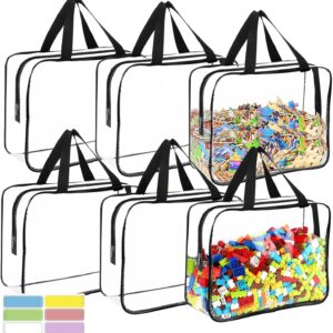 FANMHY 6 Pack Large Storage Bags with Labels, Reusable Clear PVC Storage Bags, Travel Waterproof Organizer Bags with Zipper for Building Blocks Puzzle Stationery