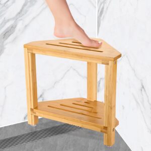 ibosins corner shower stool shower foot rest for shaving legs small shower bench for inside shower to sit on bath stool with storage shelf shower accesories (bamboo wood)